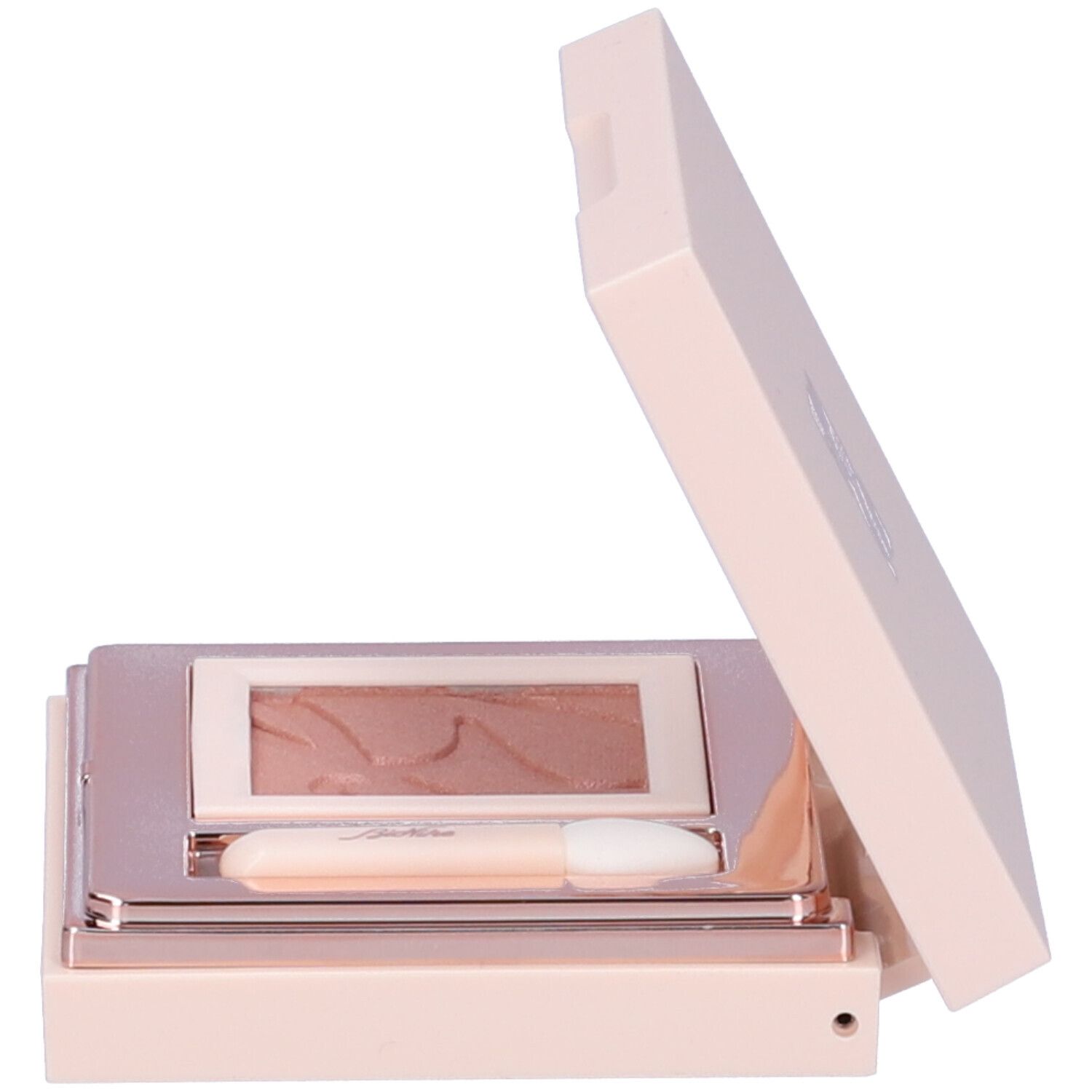Palette ombretto rosa aperta. Include specchio, applicatore e ombretto rosa con superficie goffrata.