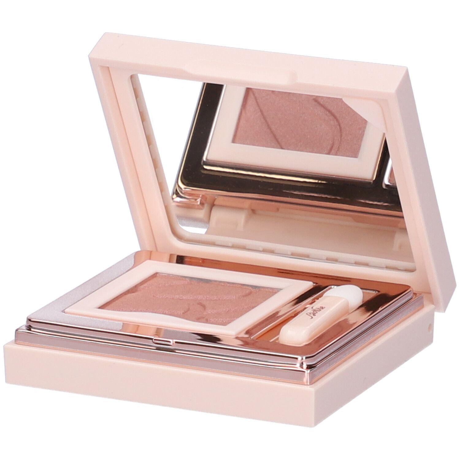 Palette ombretto rosa aperta. Include specchio, applicatore e ombretto rosa con superficie goffrata.