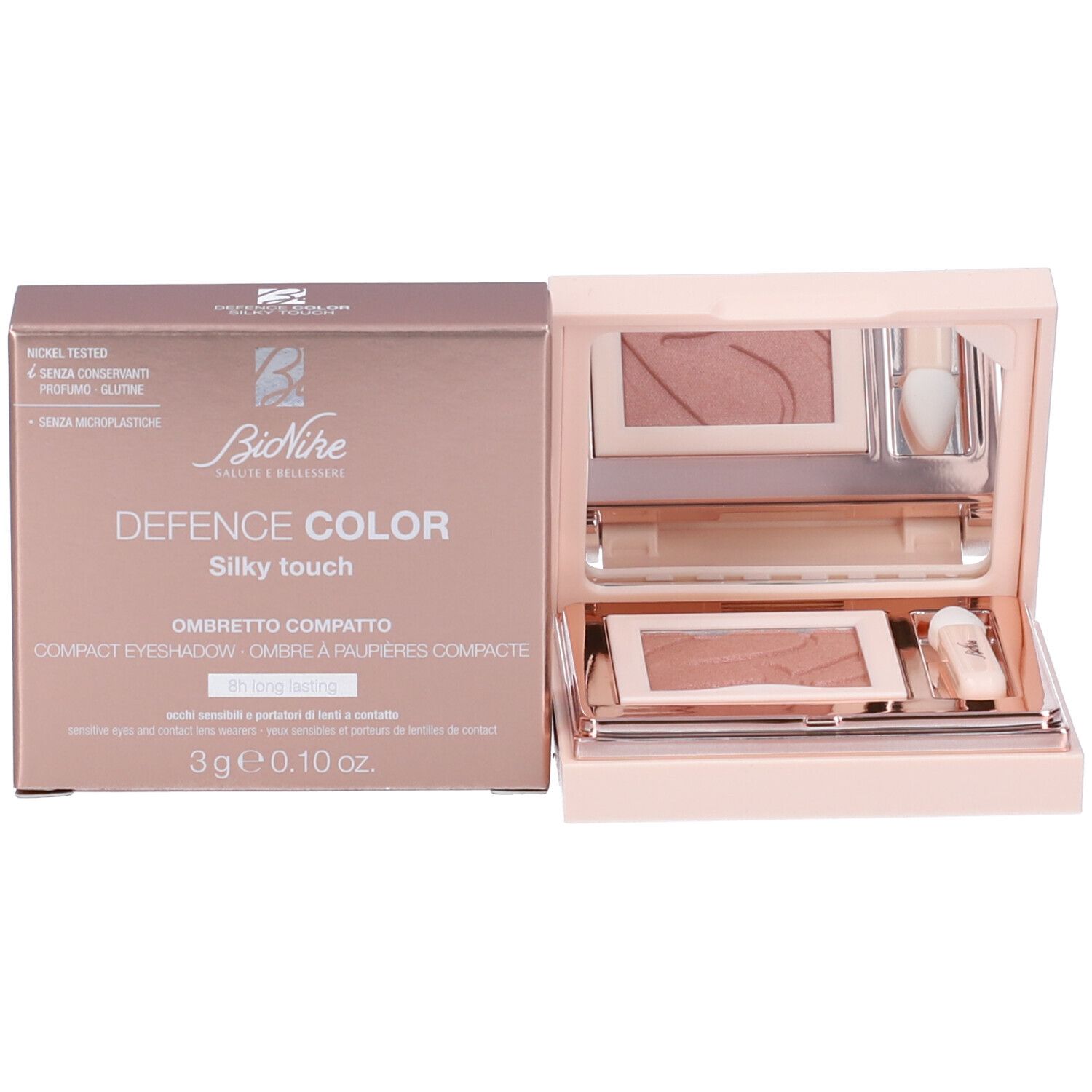 Confezione prodotto con palette ombretto. Include specchio, applicatore. Testo: Bionike Defence Color Silky Touch.