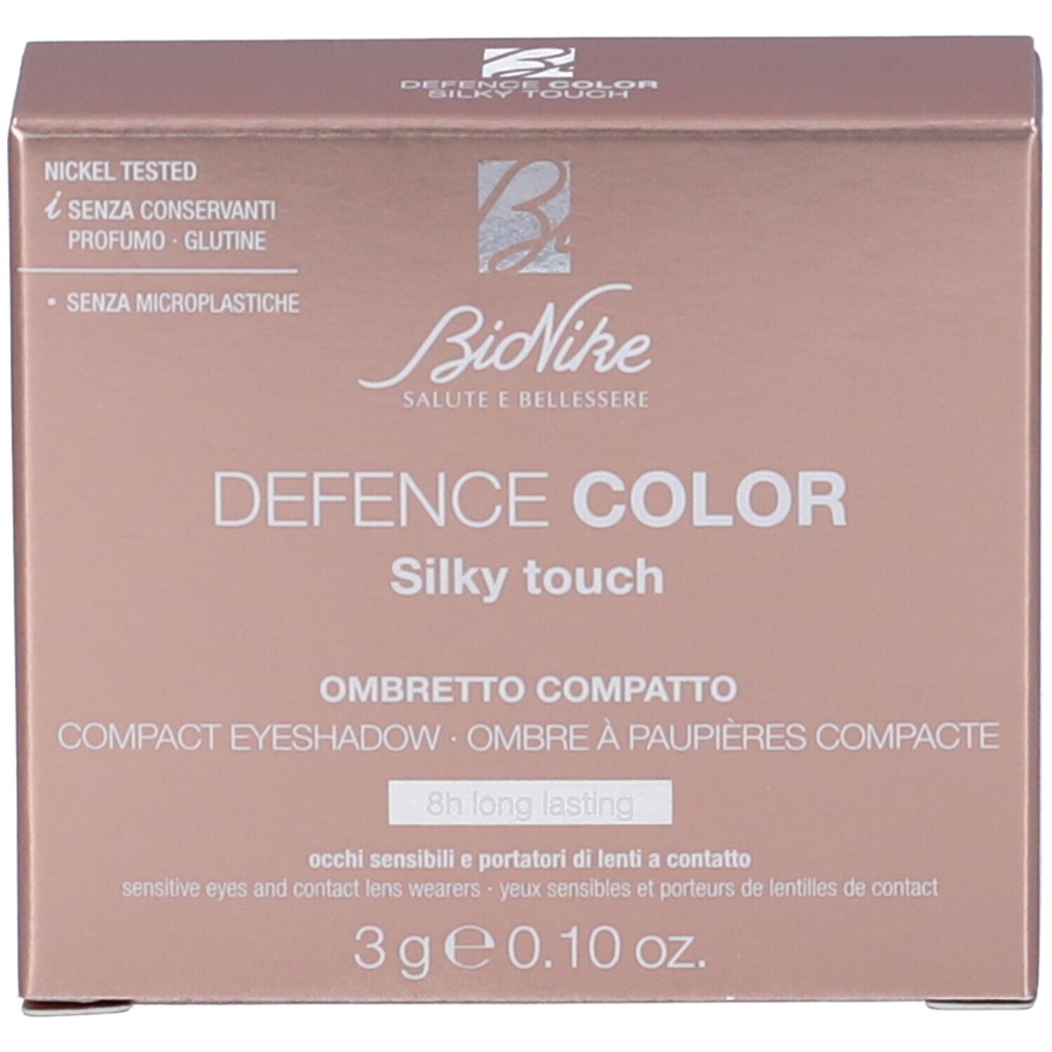 Confezione prodotto. Testo: Bionike Defence Color Silky Touch Ombretto. Nickel tested, senza conservanti.