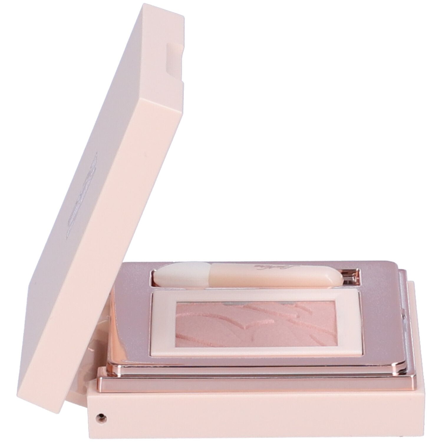 Palette ombretto rosa aperta con specchio e applicatore. Contiene un ombretto rosa. Confezione rosa.