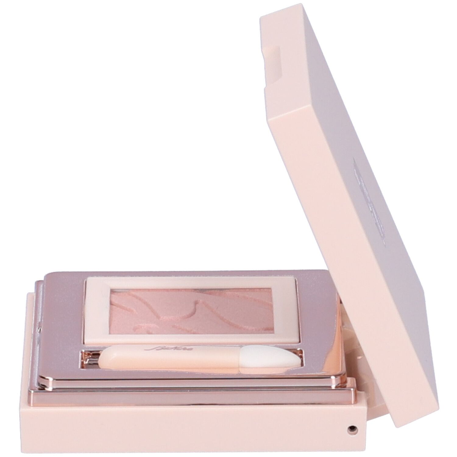 Palette ombretto rosa aperta con specchio e applicatore. Contiene un ombretto rosa. Confezione rosa.