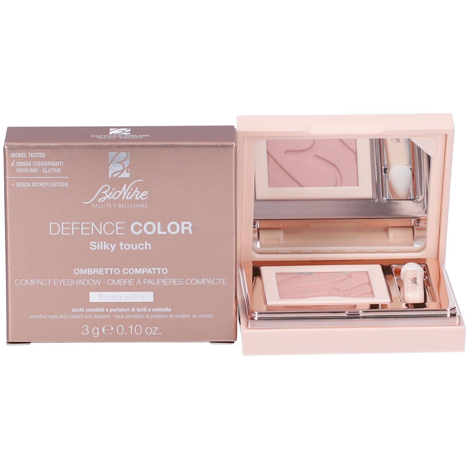 Palette ombretto con confezione. Contiene ombretto, applicatori e specchio. Confezione rosa e oro.