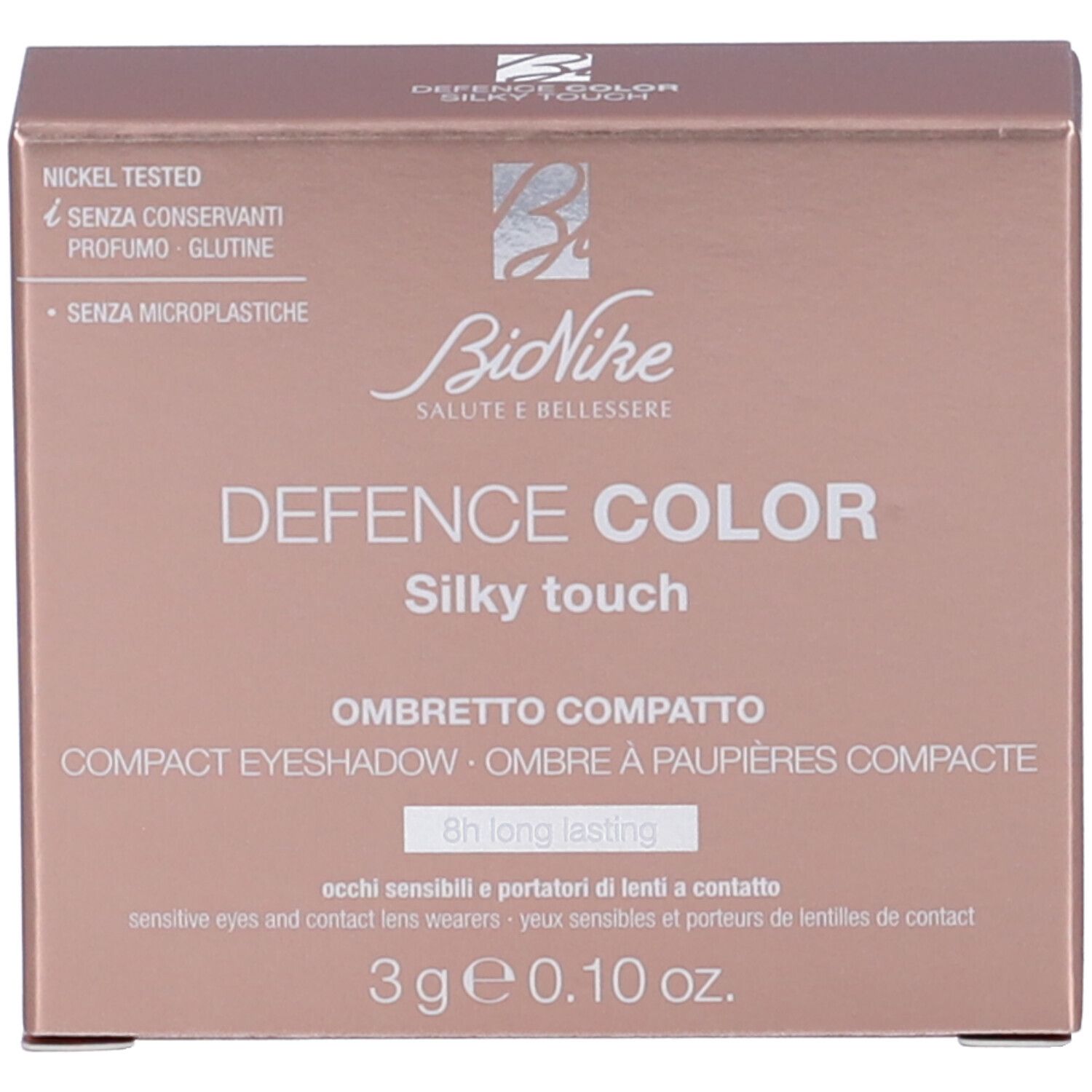 Confezione per ombretto. Contiene informazioni e nome del prodotto. Confezione oro e marrone.