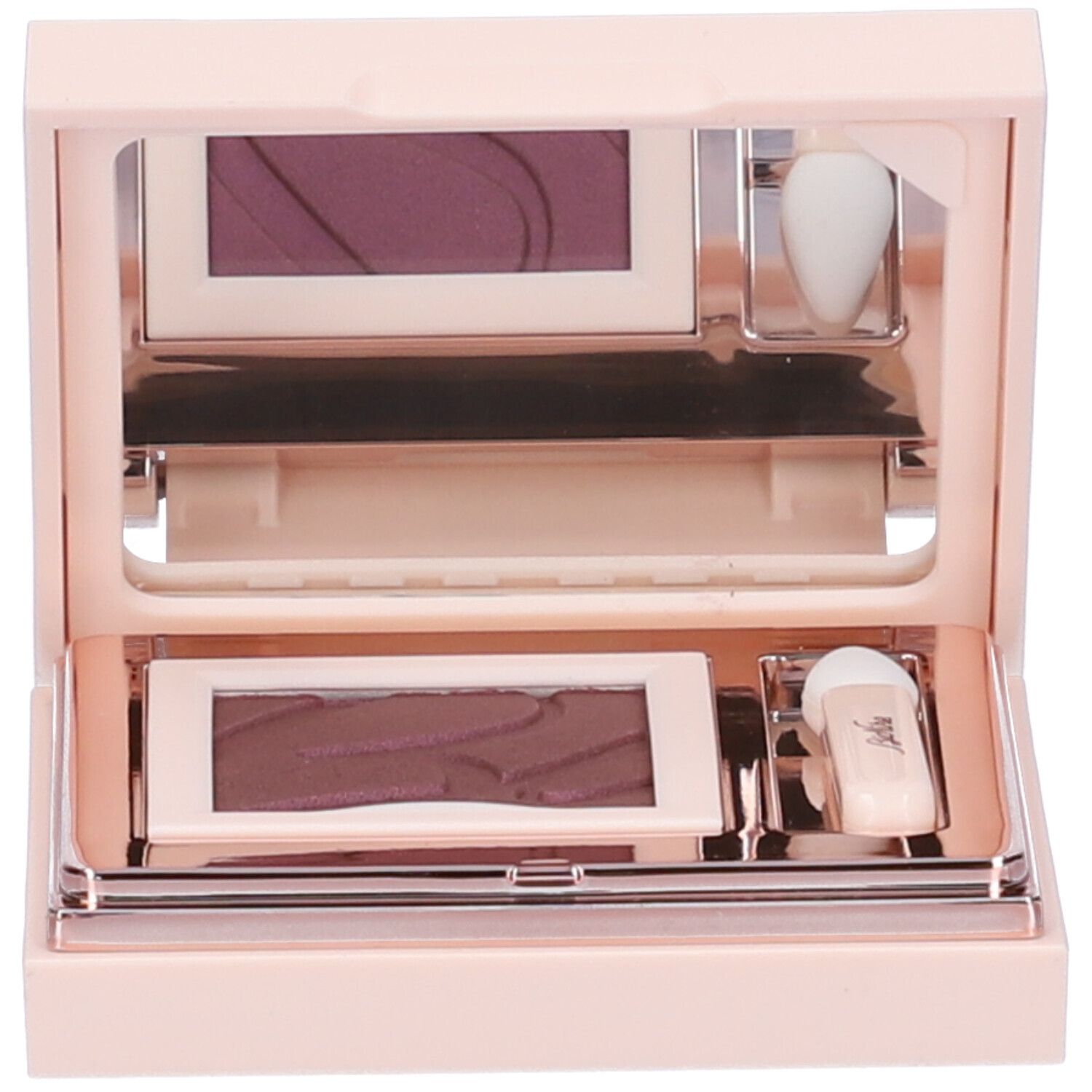 Ombretto compatto in un astuccio rosa chiaro. Include specchio e applicatore. L'ombretto è viola.