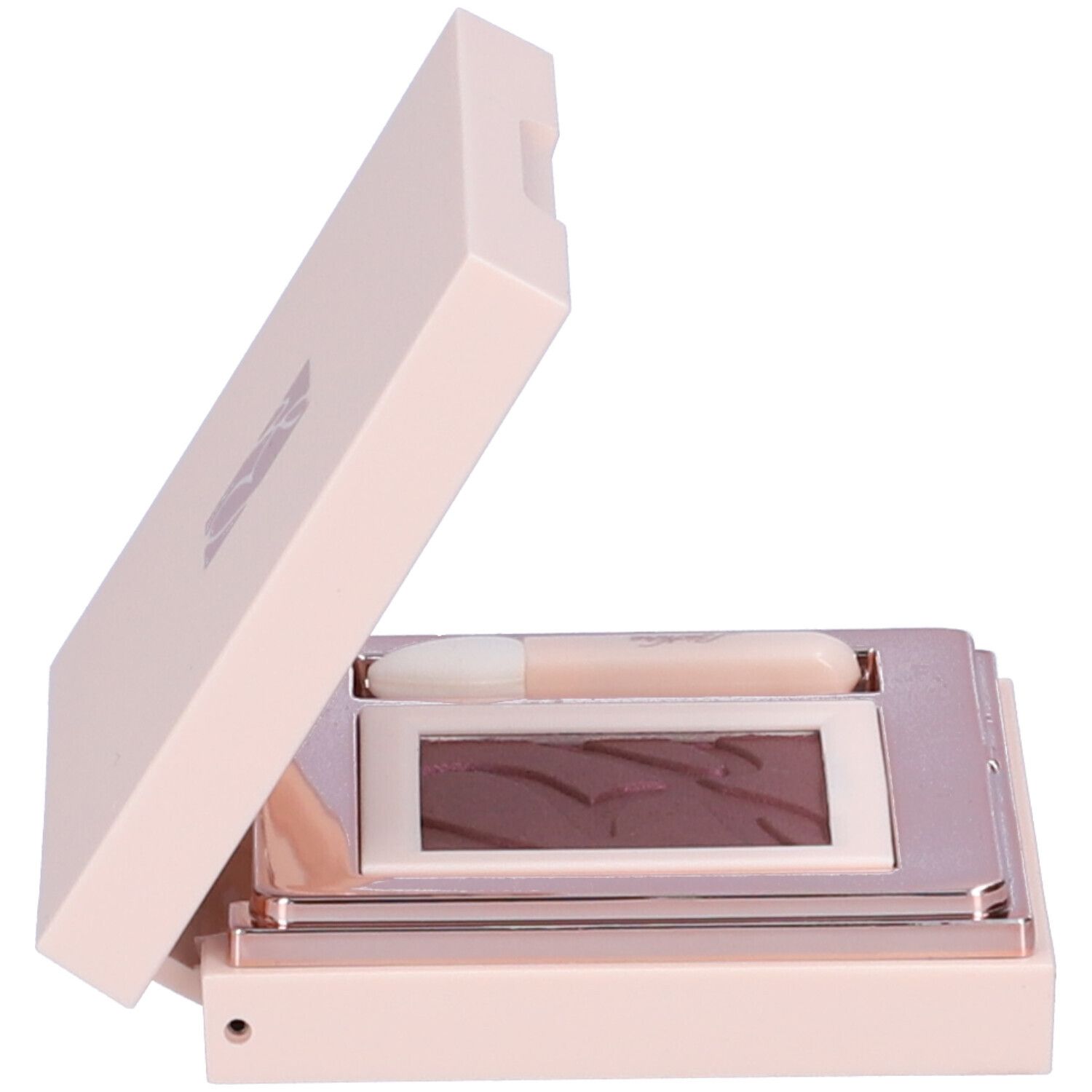 Astuccio ombretto rosa chiaro, aperto. Contiene ombretto viola, specchio e applicatore.