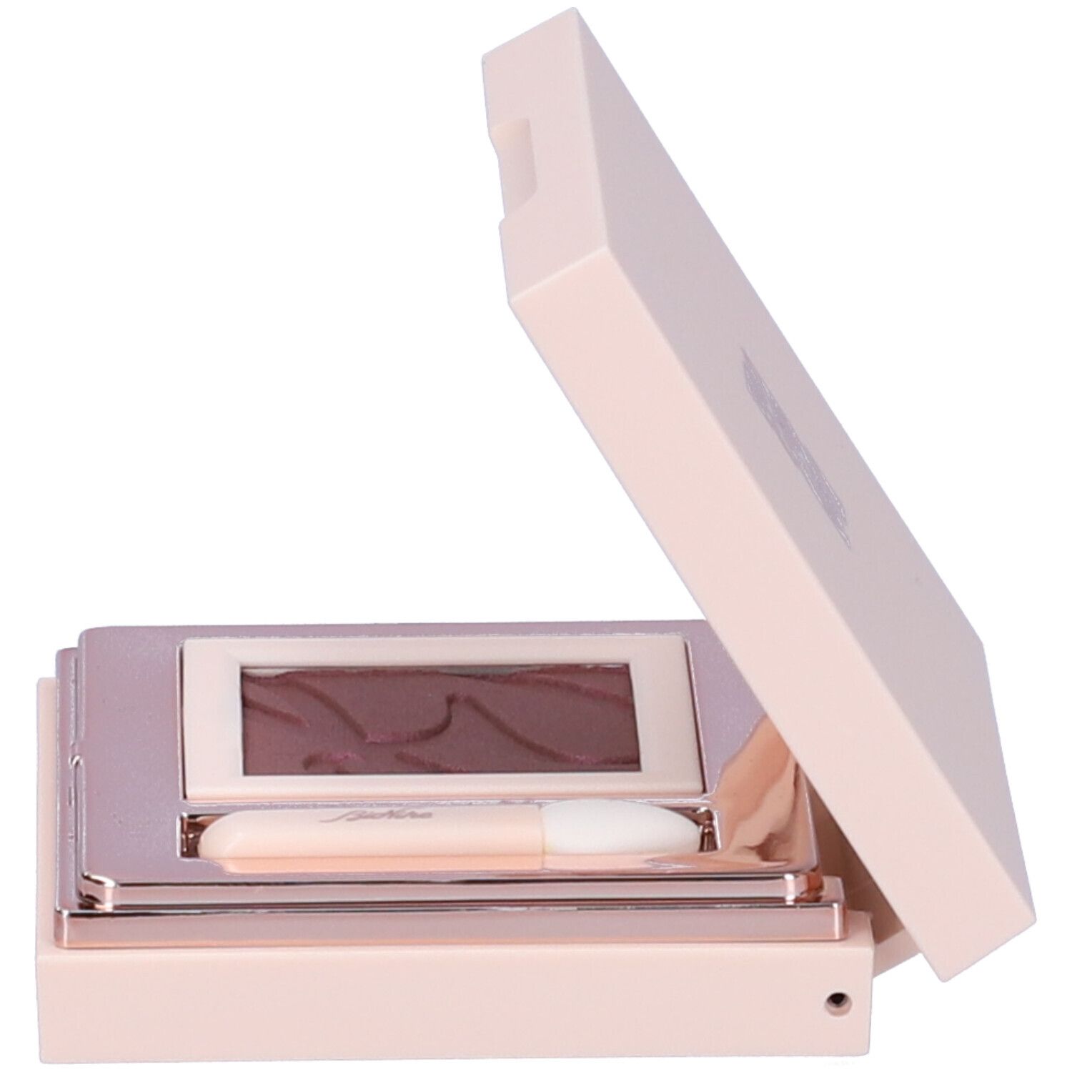 Astuccio ombretto rosa chiaro aperto con ombretto viola, specchio e applicatore.