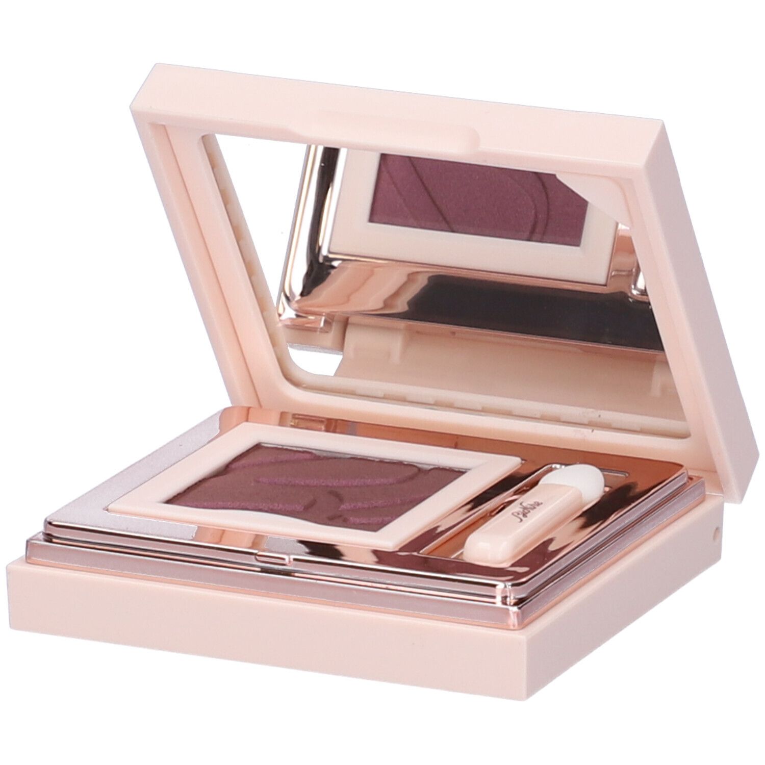 Astuccio ombretto rosa chiaro, aperto. Contiene ombretto viola, specchio e applicatore. Marchio Bionike.