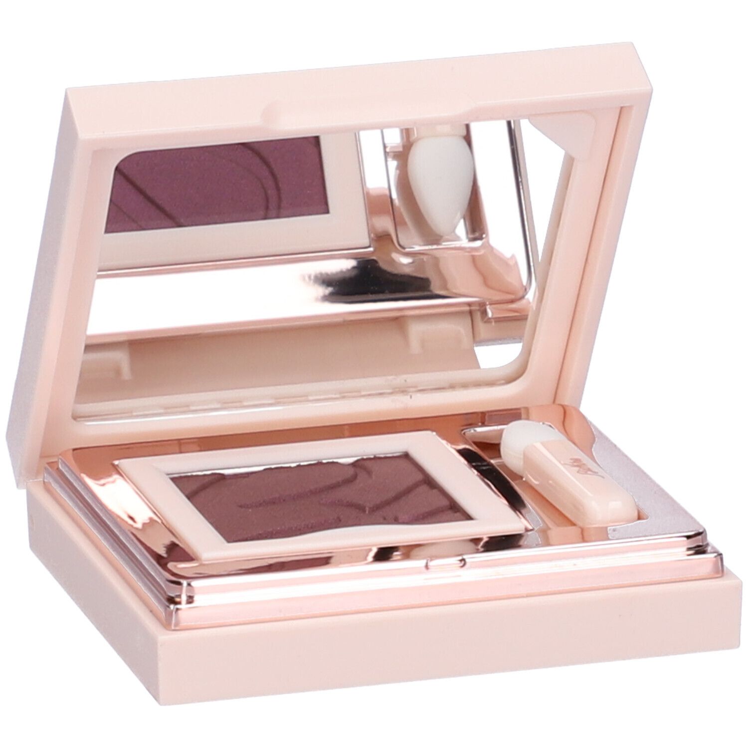 Astuccio ombretto rosa chiaro, aperto. Contiene ombretto viola, specchio e applicatore. Marchio Bionike.