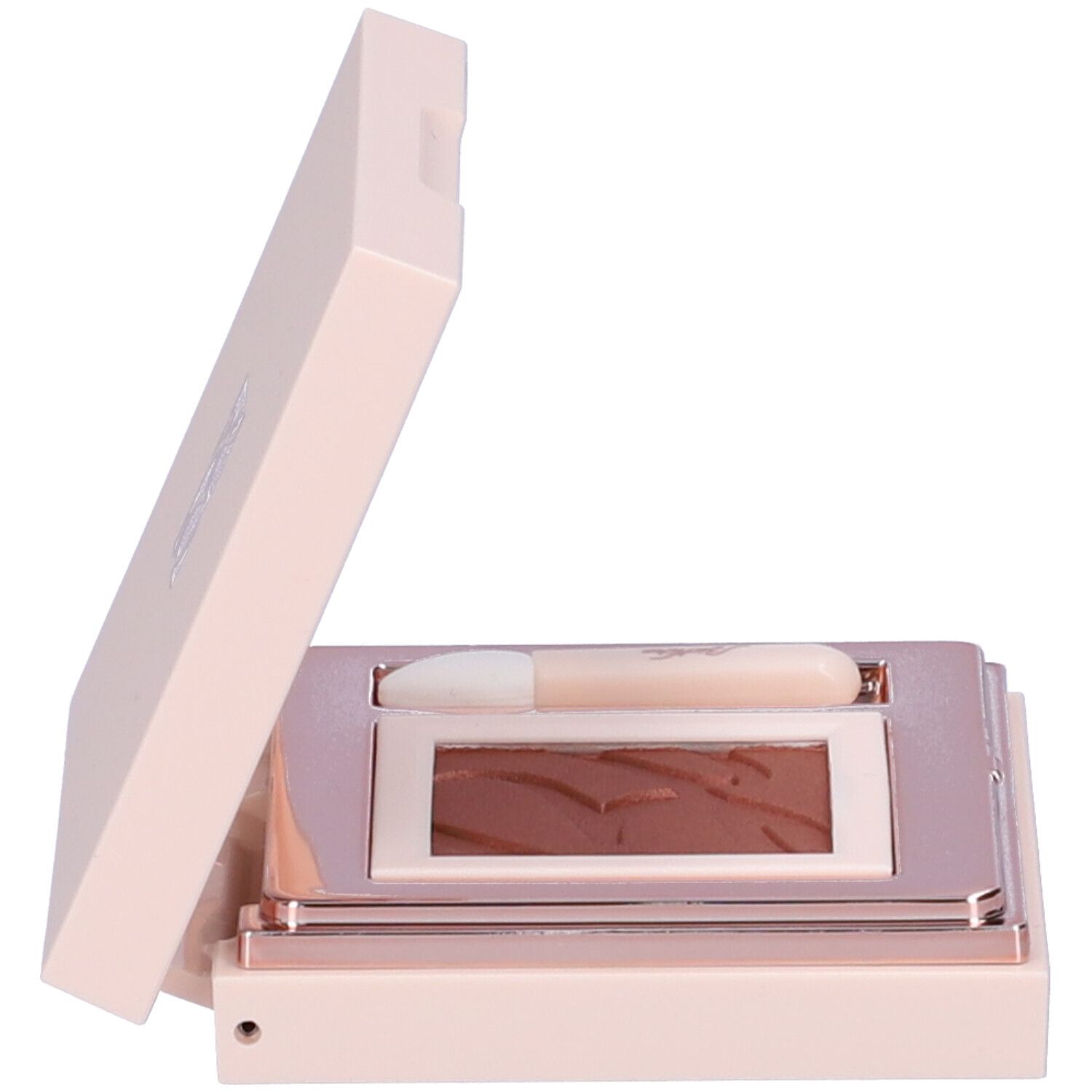 Astuccio ombretto rosa chiaro, aperto. Contiene un ombretto e un applicatore.