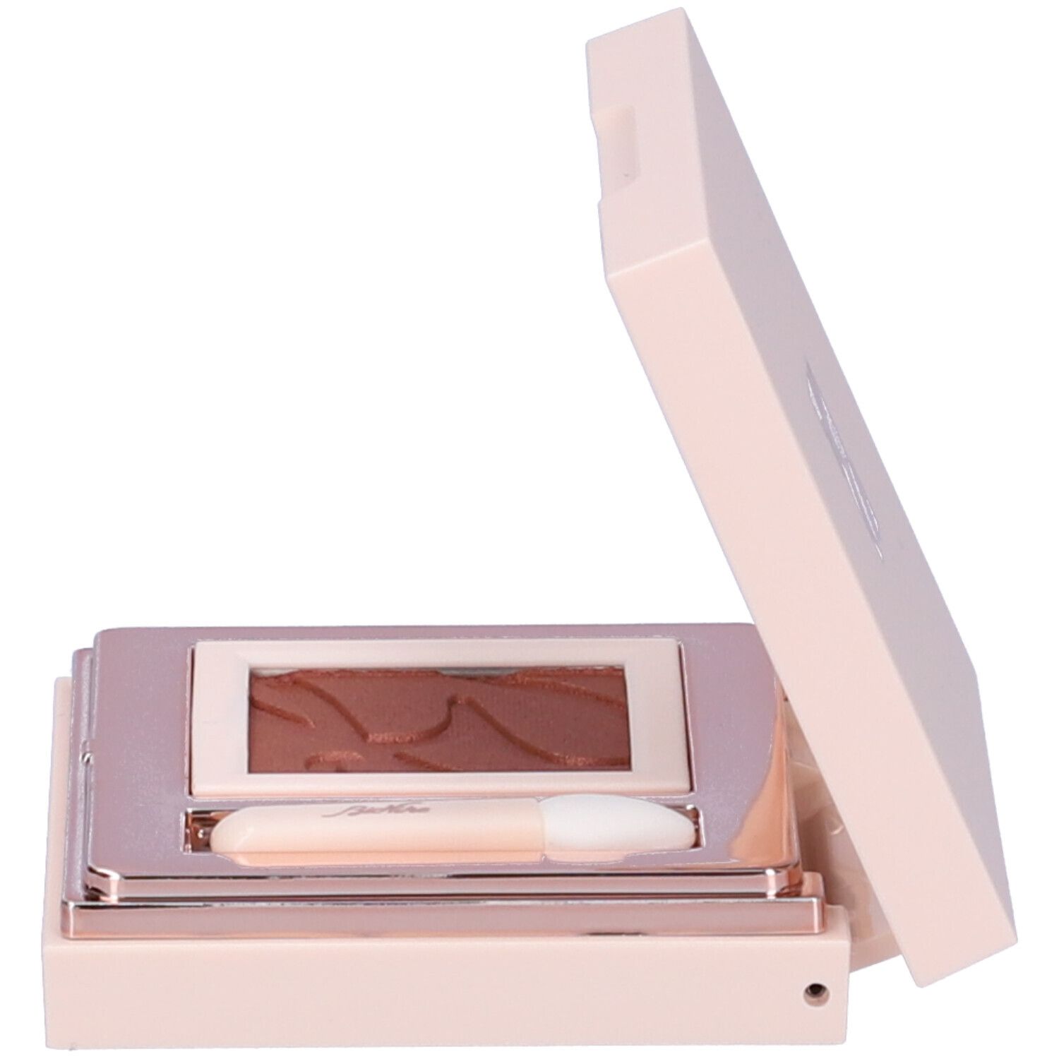Astuccio ombretto rosa chiaro, aperto. Contiene un ombretto e un applicatore.