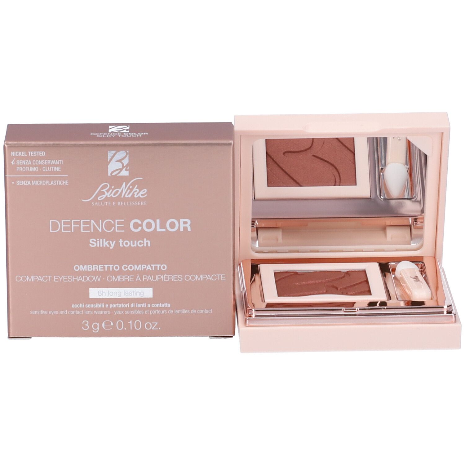 Confezione del prodotto con ombretto e accessori. Marchio Bionike Defence Color.