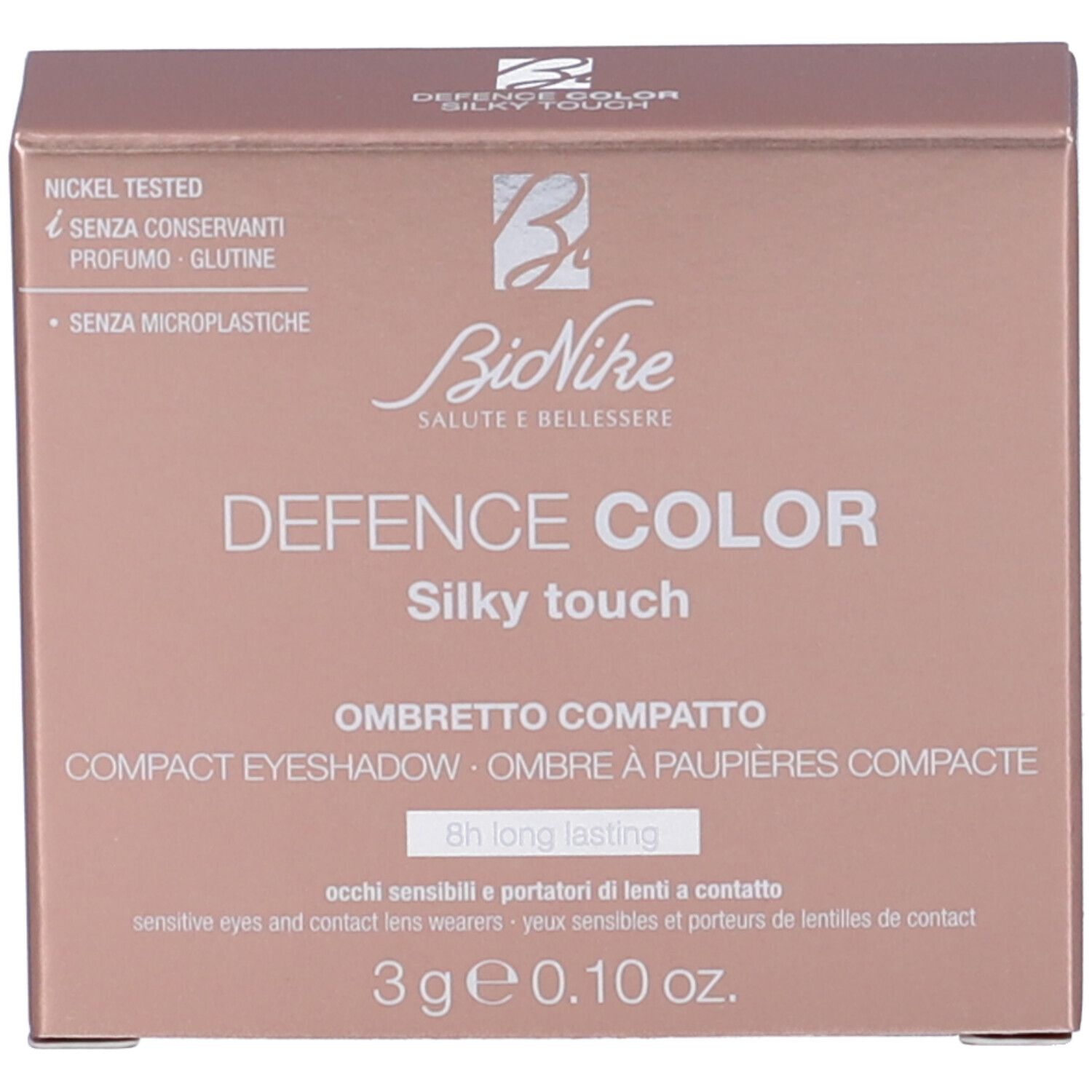Confezione del prodotto con testo. Marchio Bionike Defence Color. Contiene informazioni.