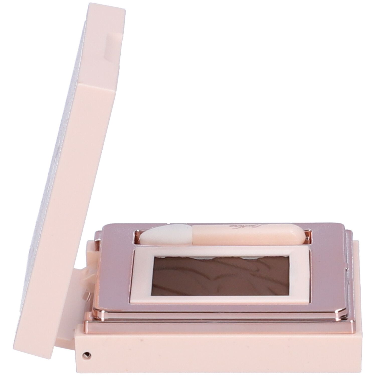 Astuccio ombretto rosa chiaro, aperto. Contiene un ombretto e un applicatore.
