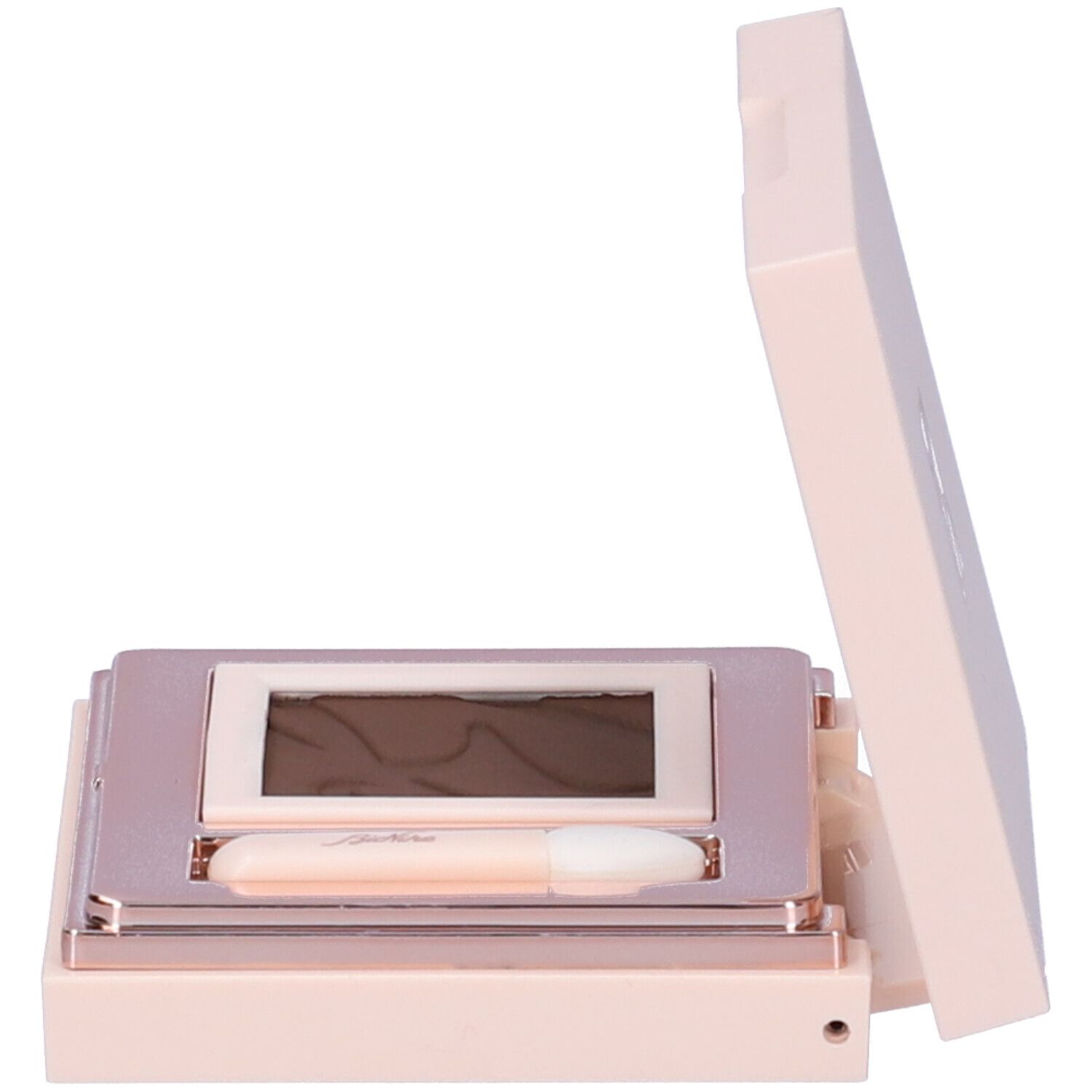Astuccio ombretto rosa chiaro, aperto. Contiene un ombretto e un applicatore.