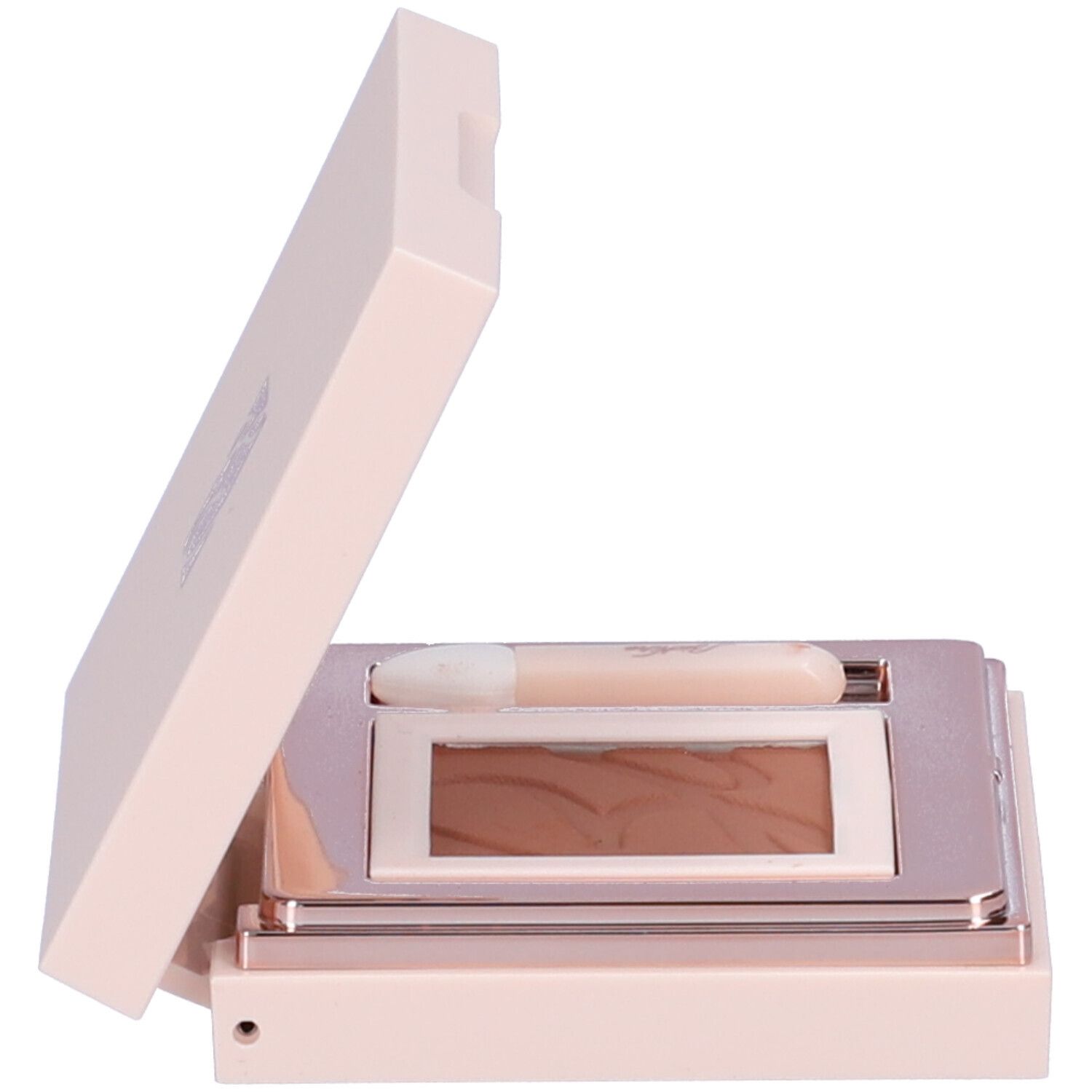 Palette ombretto rosa aperta con ombretto marrone e applicatore.