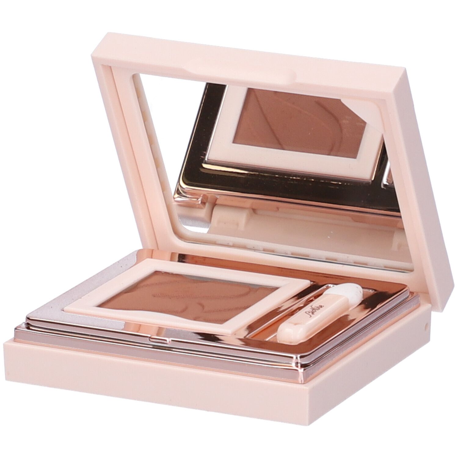 Palette ombretto aperta con specchio, due ombretti marroni e applicatore.