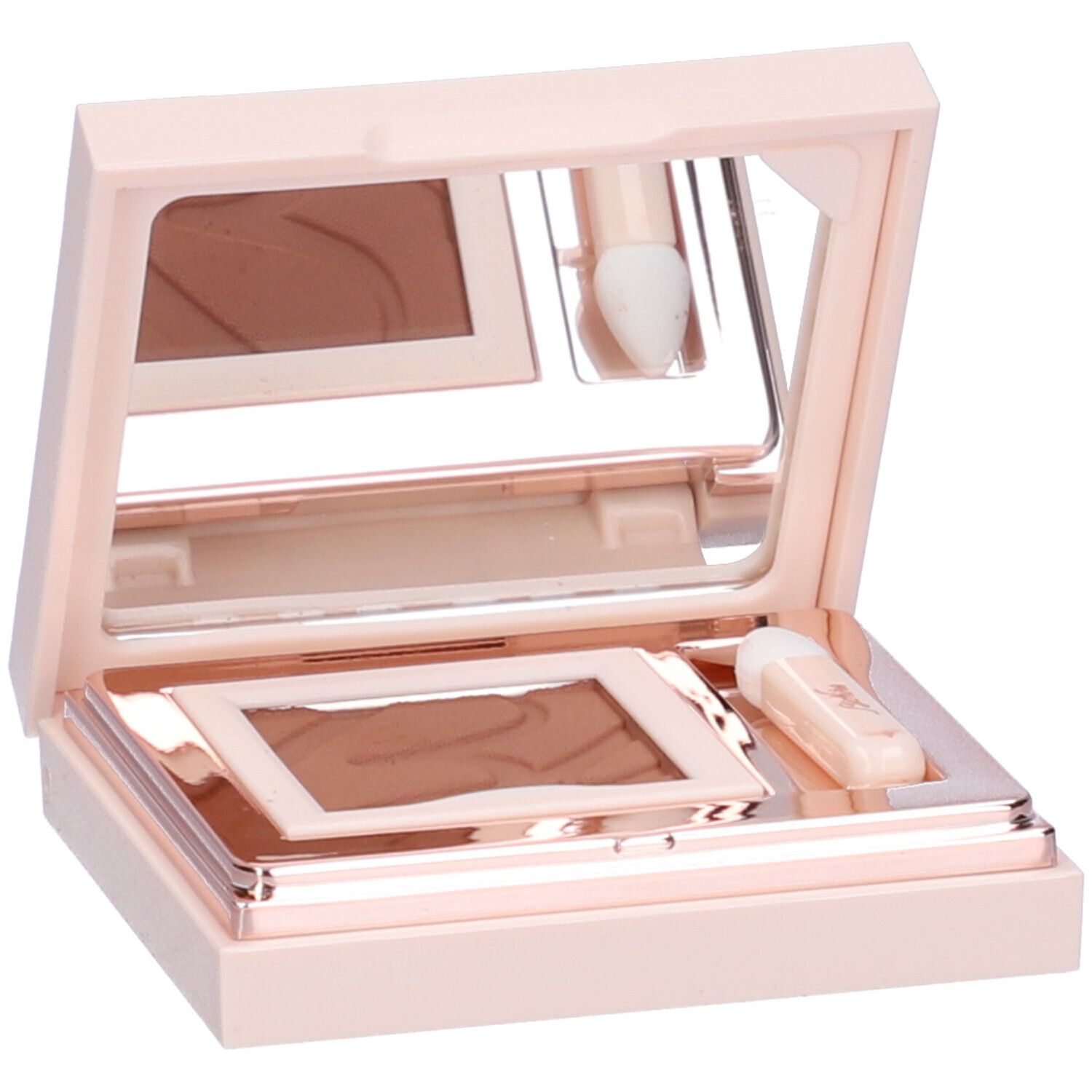 Palette ombretto aperta con specchio, due ombretti marroni e applicatore.