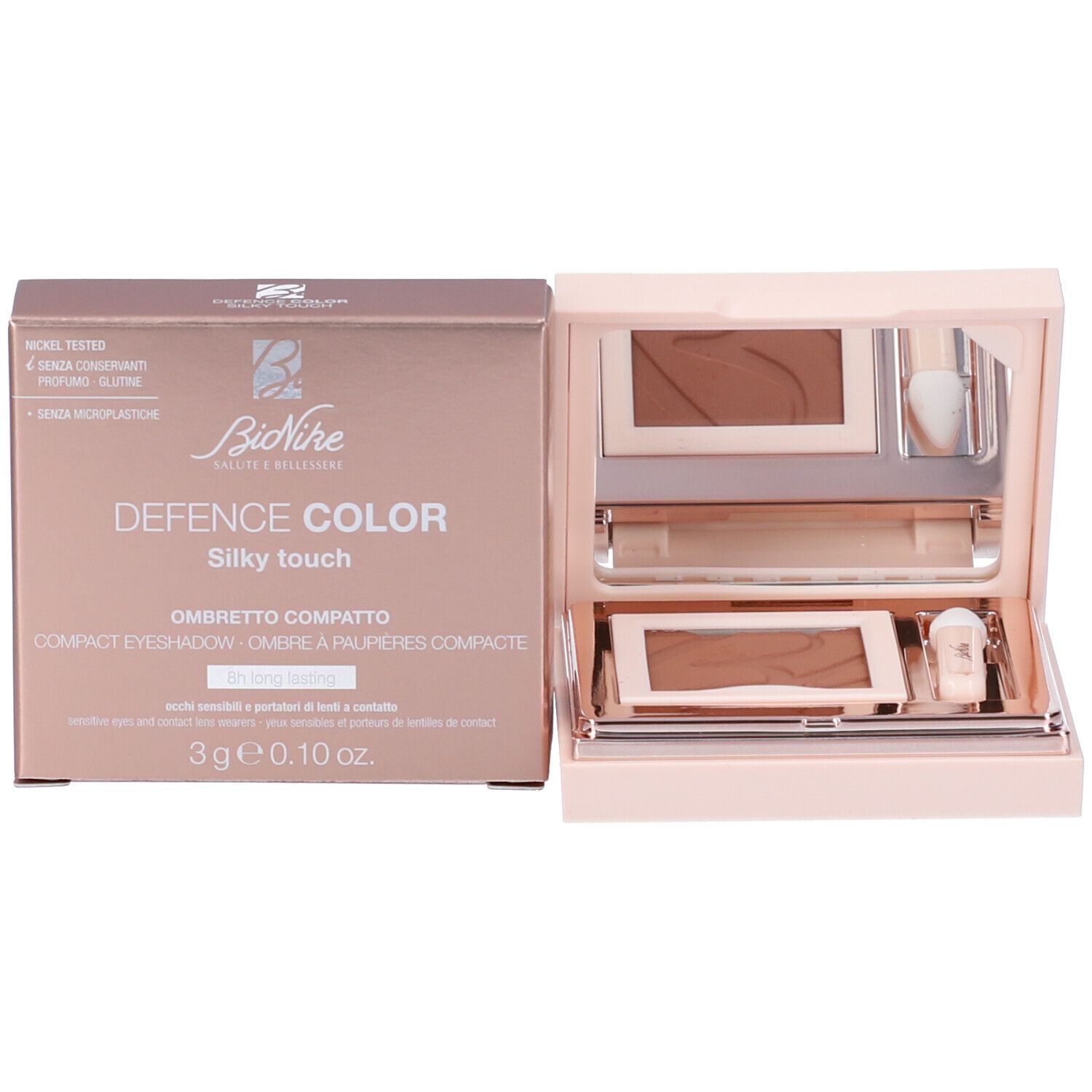 Set ombretto con confezione. Include ombretto, specchio e applicatore. Testo: Bionike Defence Color.