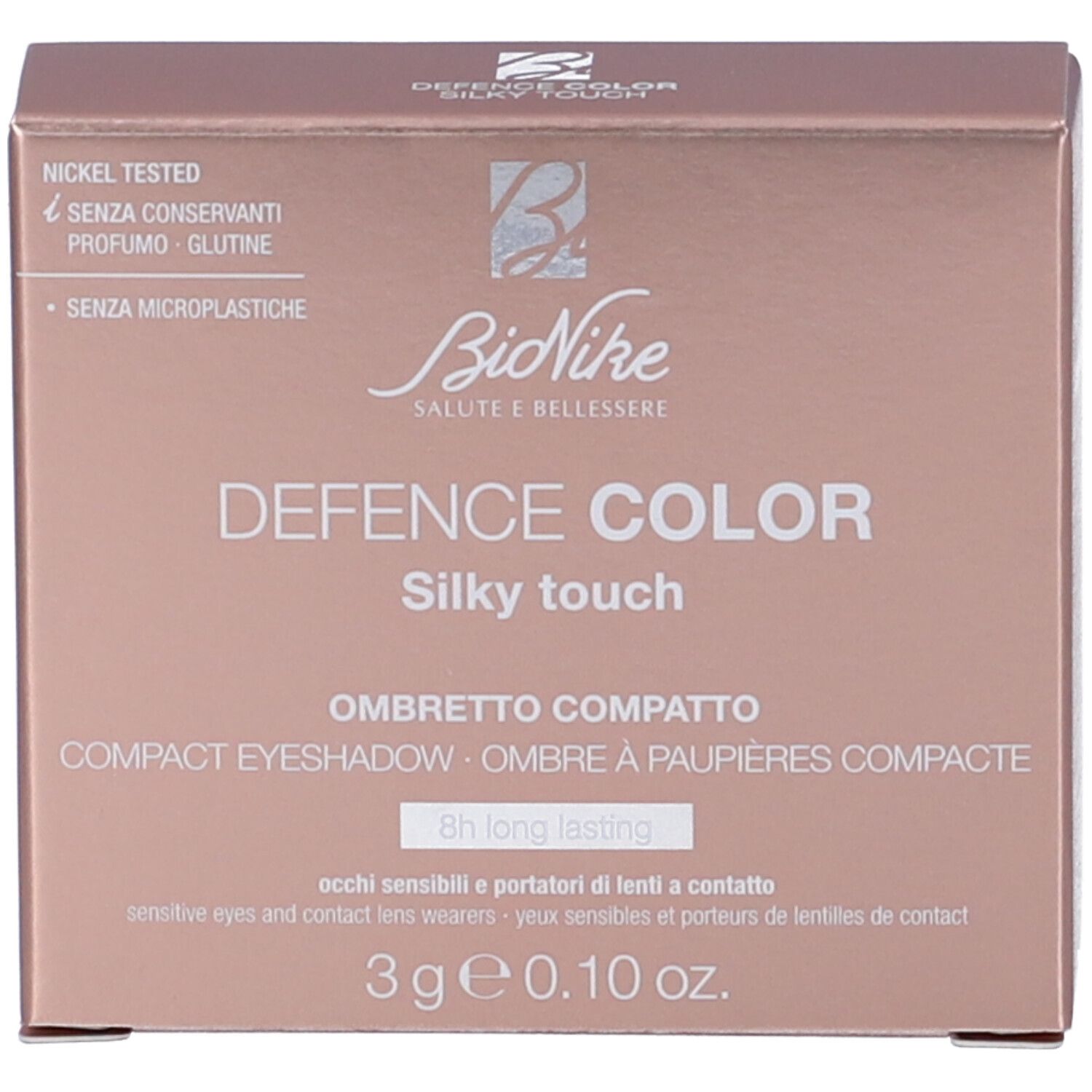 Confezione rosa con informazioni prodotto. Testo: Bionike Defence Color, Ombretto Compatto.