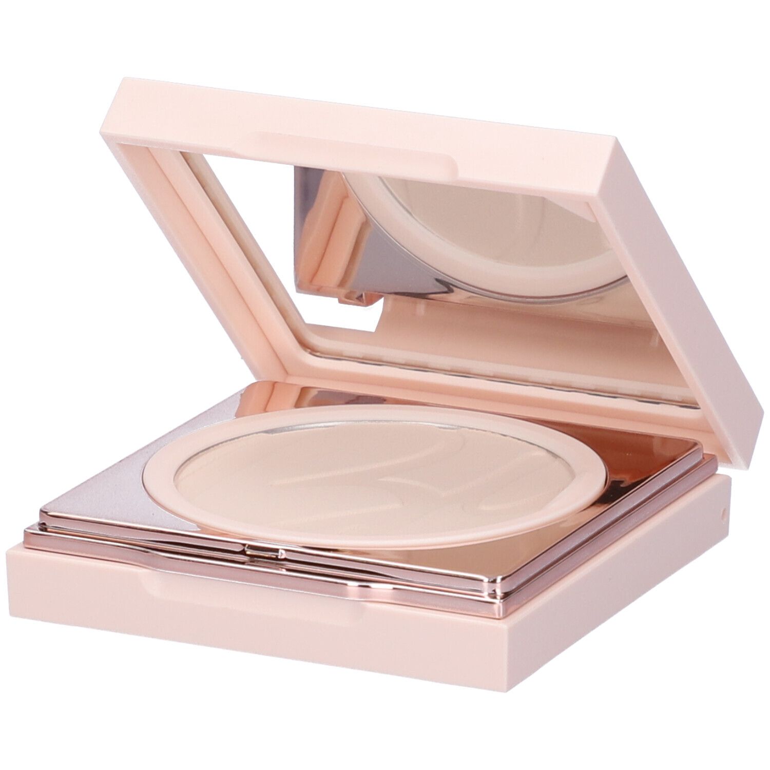 Ein offener, heller Puder-Kompakt mit Spiegel und einem hellen Puder. Die Hülle ist hellrosa mit roségoldenen Akzenten.