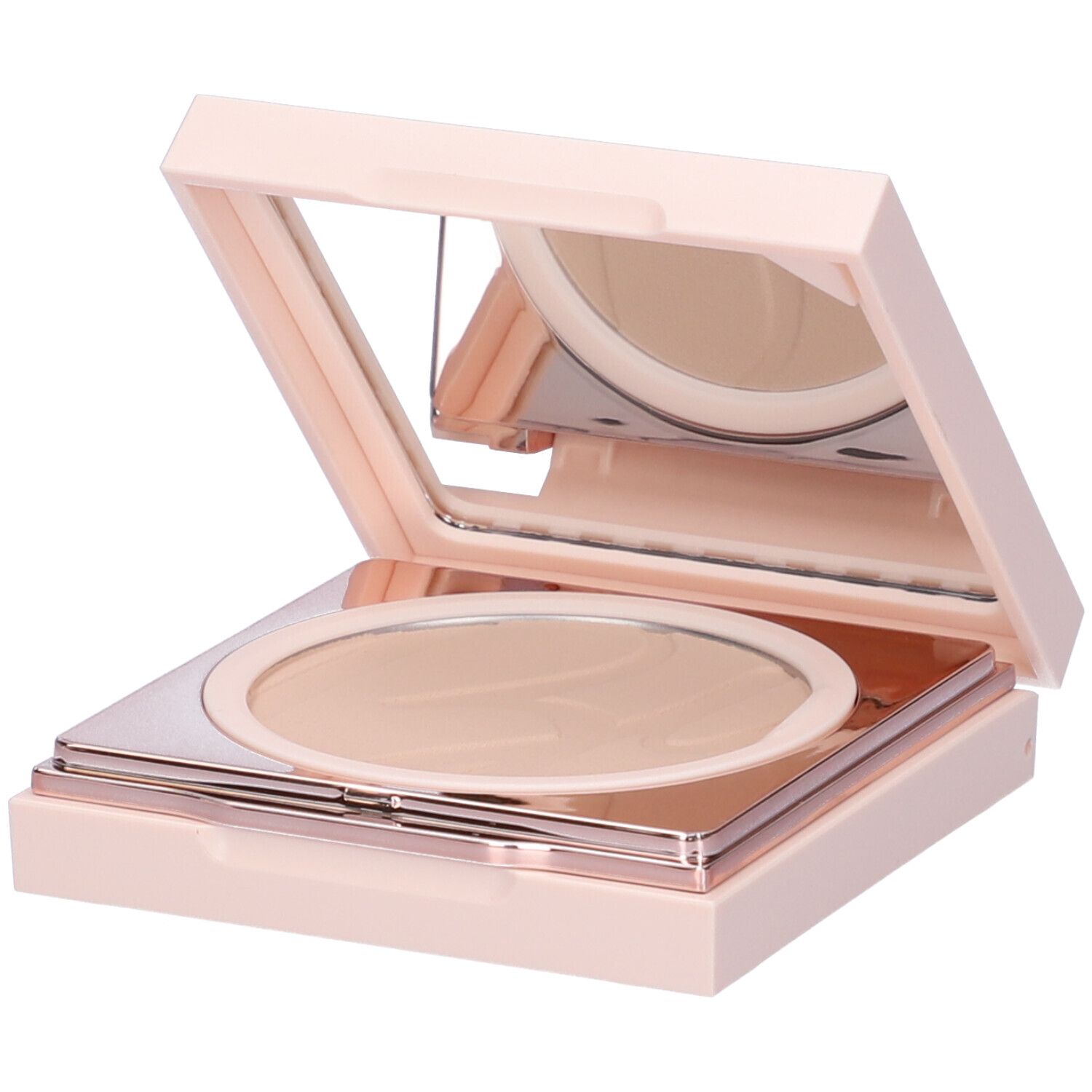 Ein offener, quadratischer Kompaktpuderbehälter in Rosa mit einem Spiegel und hellem Puder.