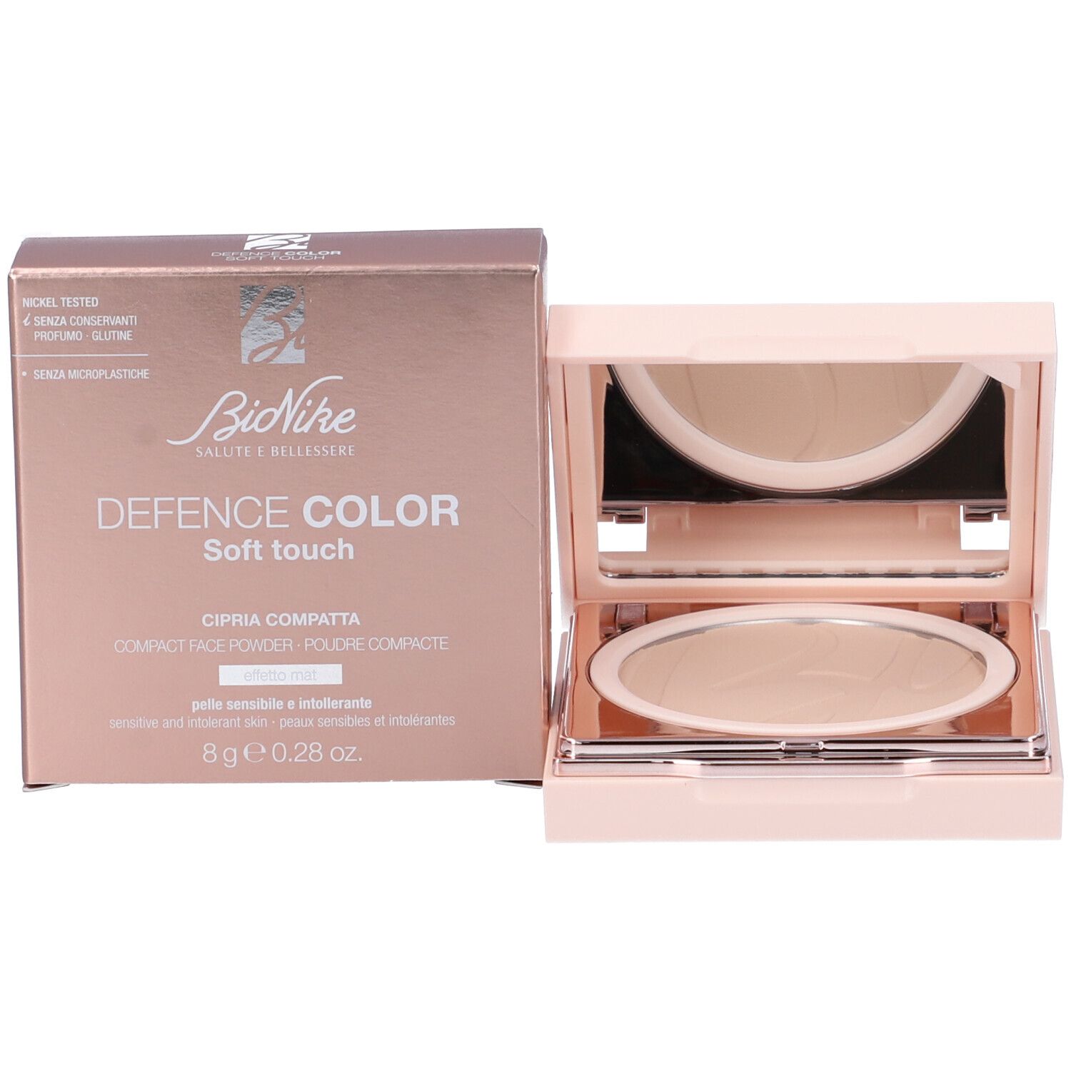 BIONIKE DEFENCE COLOR Soft touch Kompaktpuder, 8g. Helle Farbe, roségoldene Verpackung.