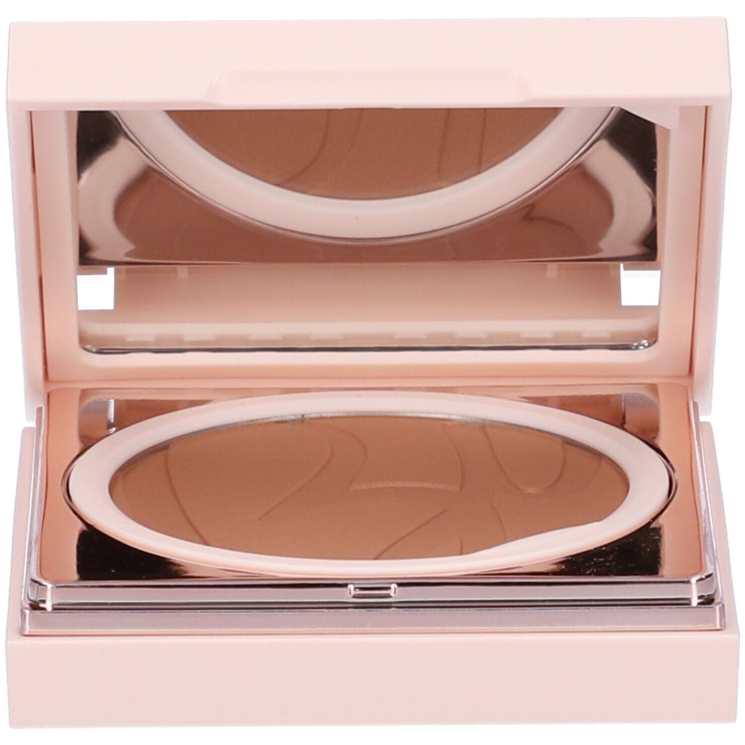 Cipria compatta con specchio. Astuccio beige-rosa con polvere marrone. Polvere ovale con motivo.