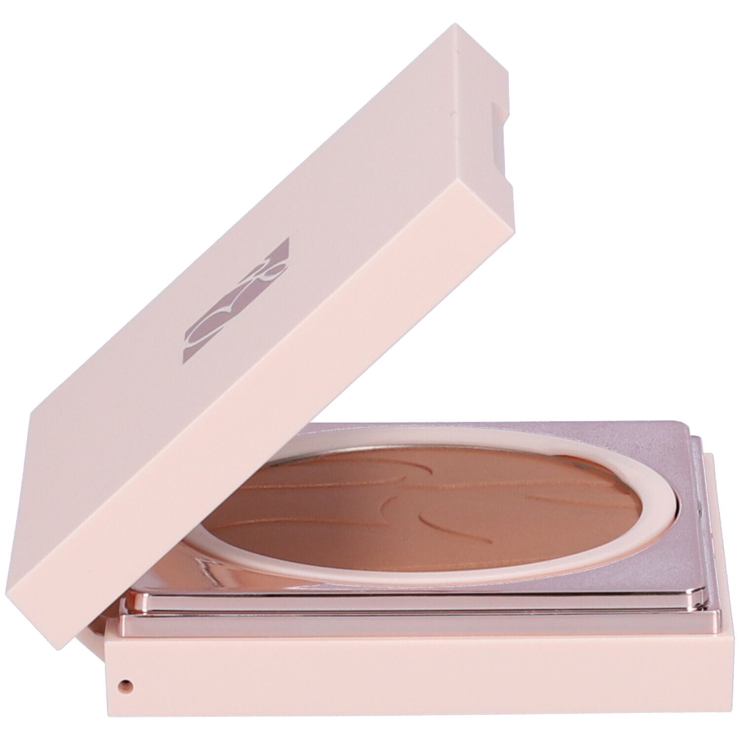 Astuccio cipria compatto aperto. Astuccio beige-rosa con polvere marrone. Polvere ovale con motivo.