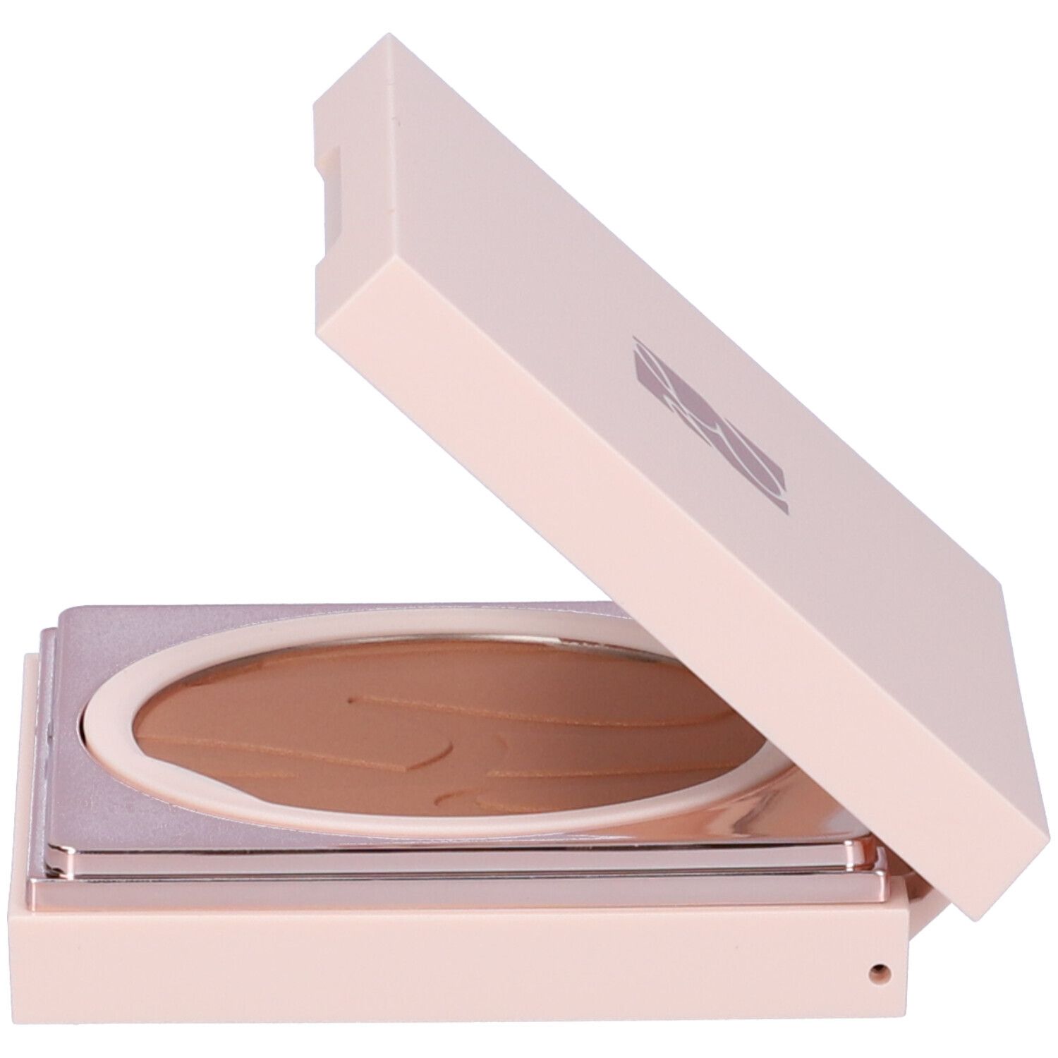 Astuccio cipria compatto aperto. Astuccio beige-rosa con polvere marrone. Polvere ovale con motivo.