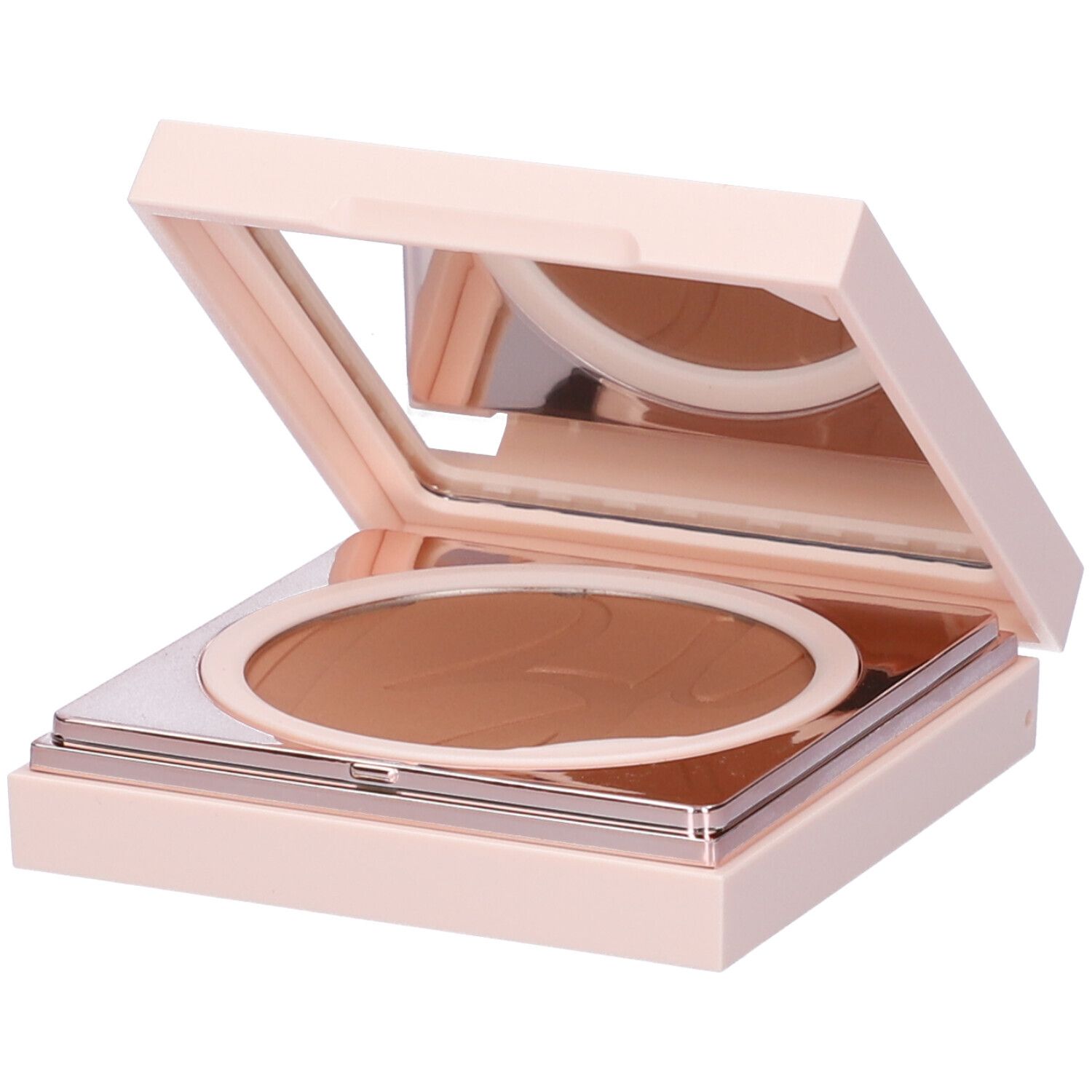 Cipria compatta con specchio. Astuccio beige-rosa con polvere marrone. Polvere ovale con motivo.
