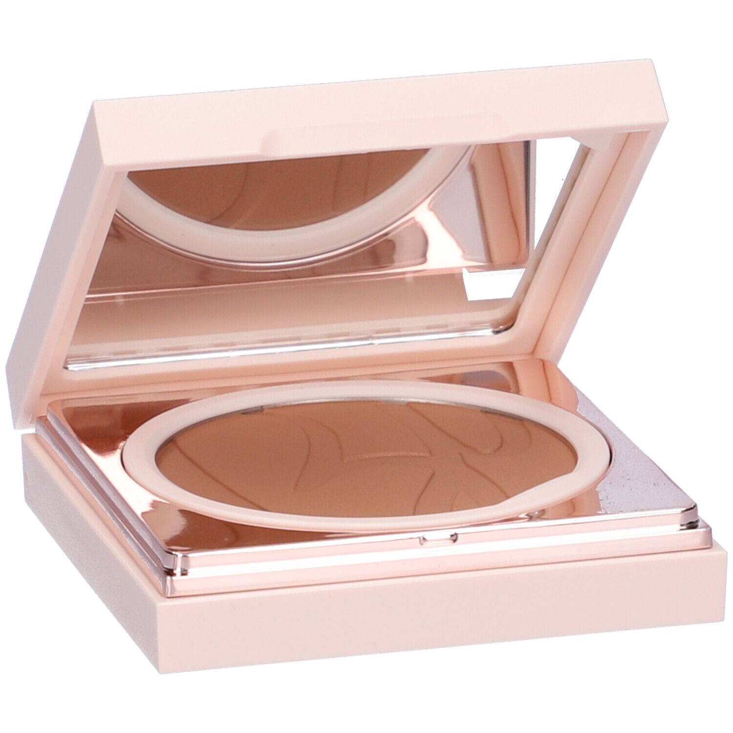 Cipria compatta con specchio. Astuccio beige-rosa con polvere marrone. Polvere ovale con motivo.