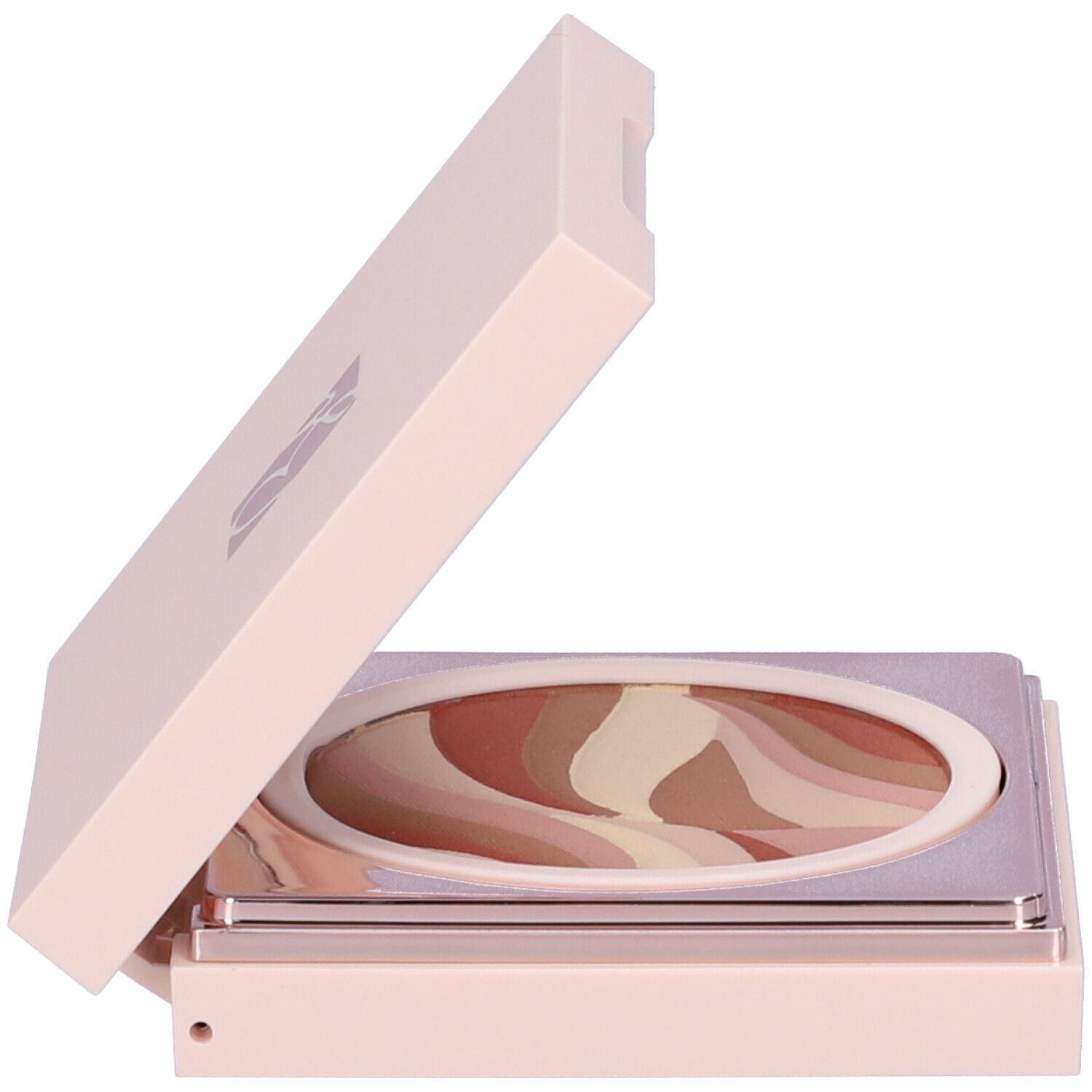 Cipria compatta con coperchio aperto. Superficie ondulata multicolore. Custodia rosa.