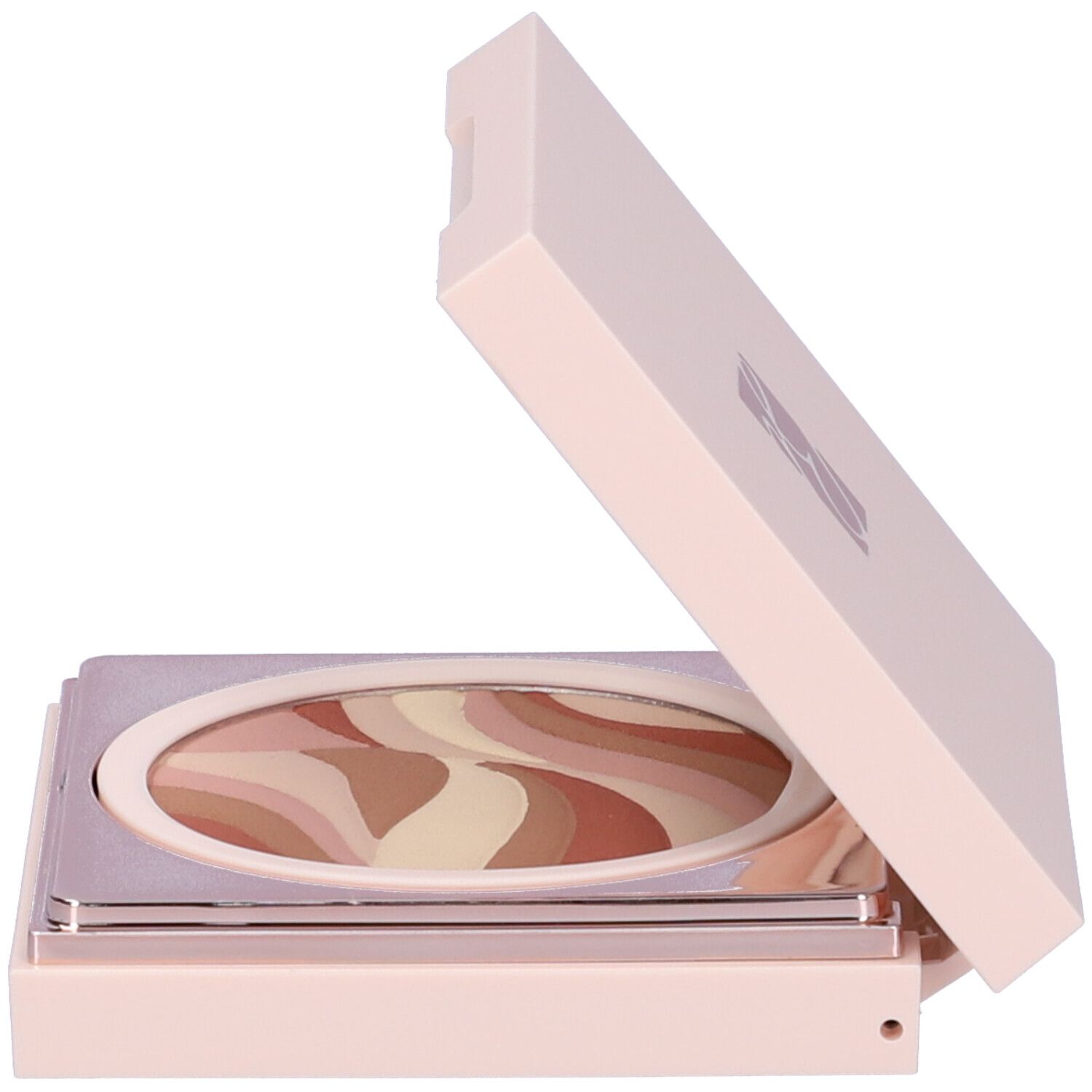 Cipria compatta con coperchio aperto. Superficie ondulata multicolore. Custodia rosa.