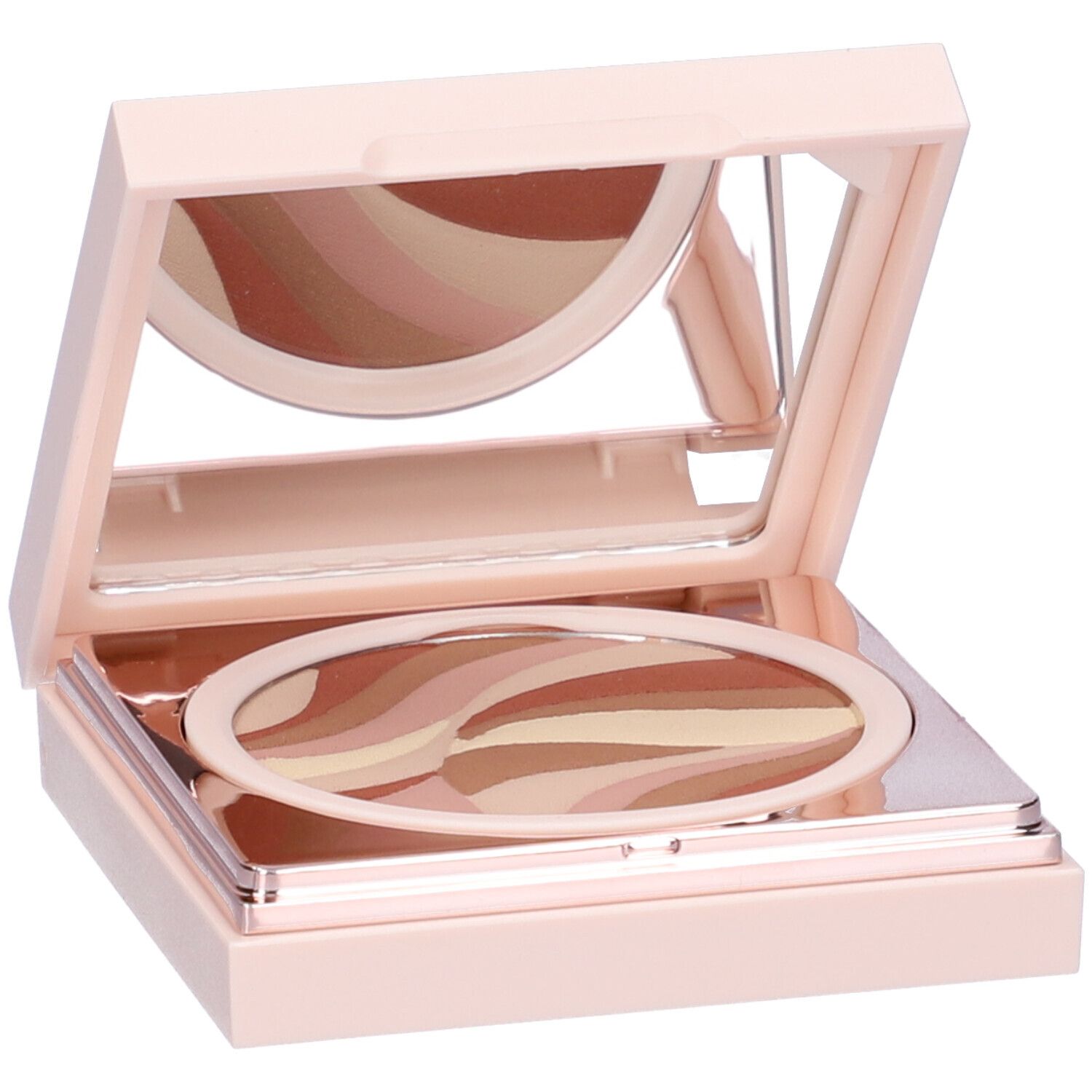 Cipria compatta con specchio. Superficie ondulata multicolore. Custodia rosa. Specchio nel coperchio.