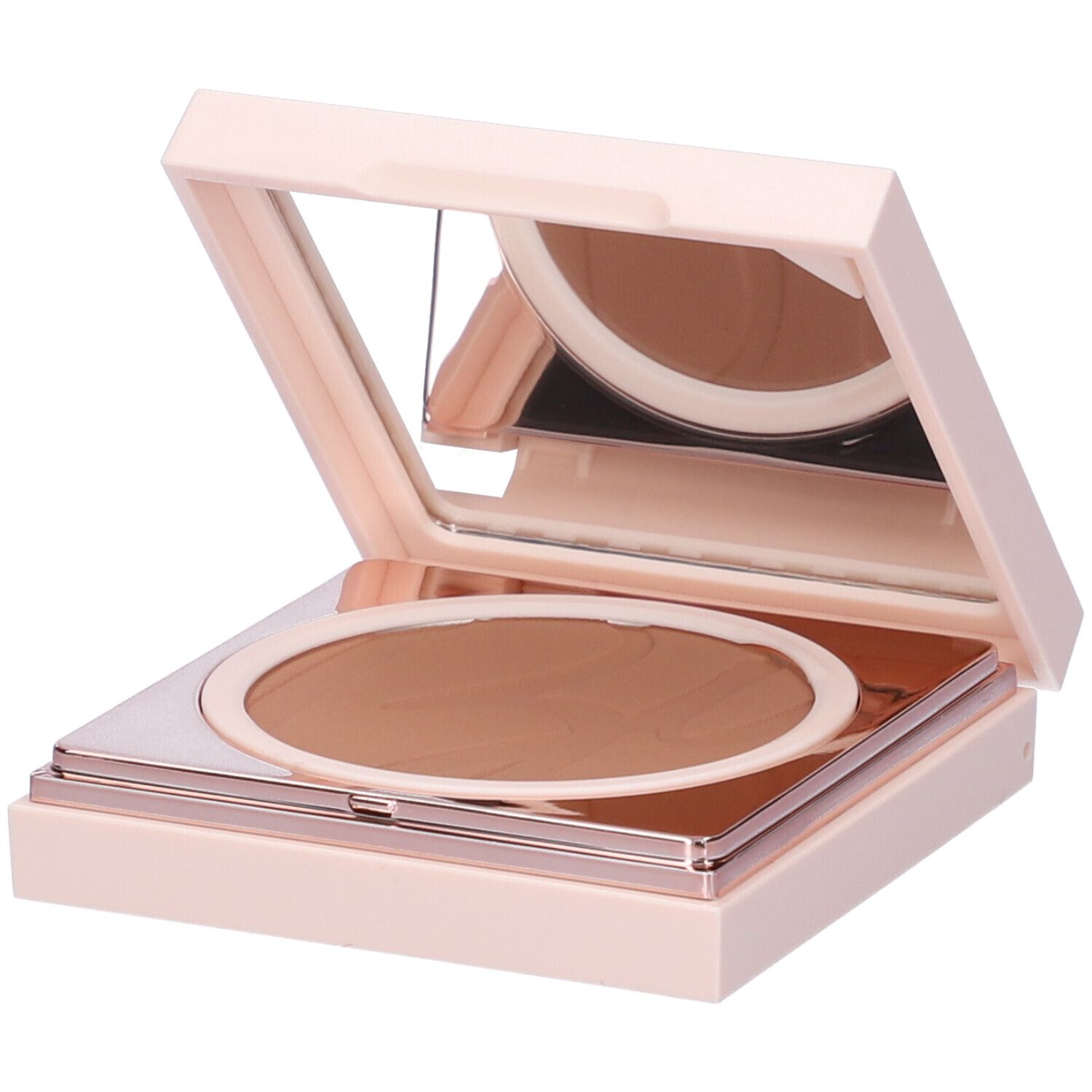 Ein quadratisches, hellrosa Bronzer-Kompakt mit Spiegel und braunem Puder.