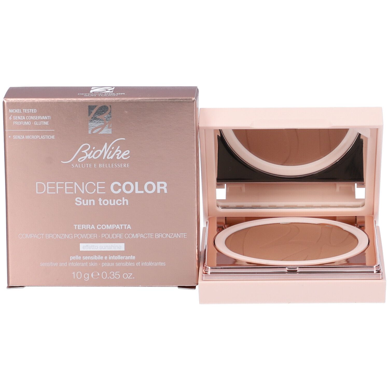 Kompakter Bronzer in einem rosafarbenen Gehäuse mit Spiegel. Die Verpackung zeigt den Markennamen BioNike und den Produktnamen Defence Color Sun Touch.