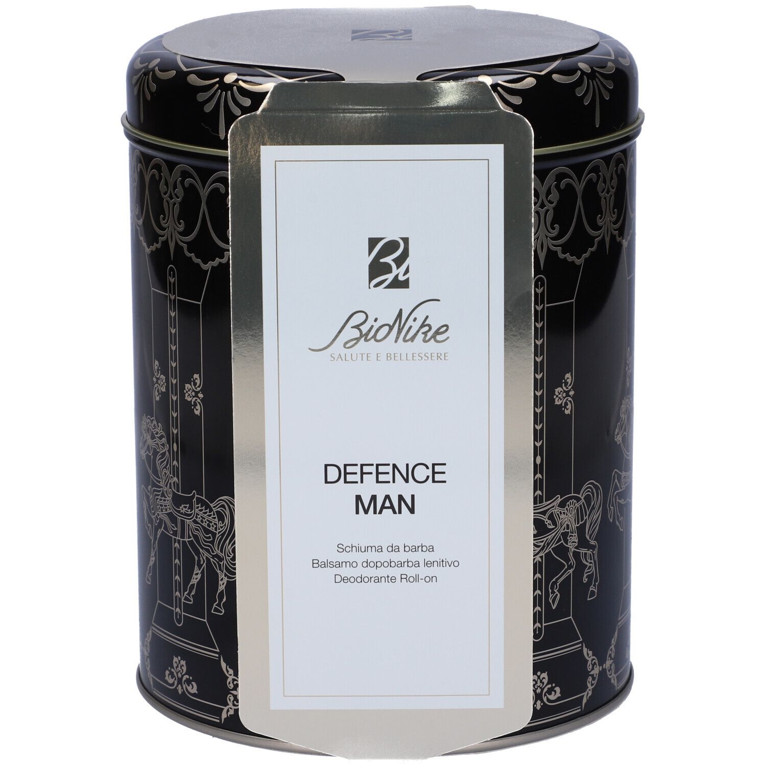 Barattolo nero con design carosello argentato. Etichetta "BioNike Defence Man".
