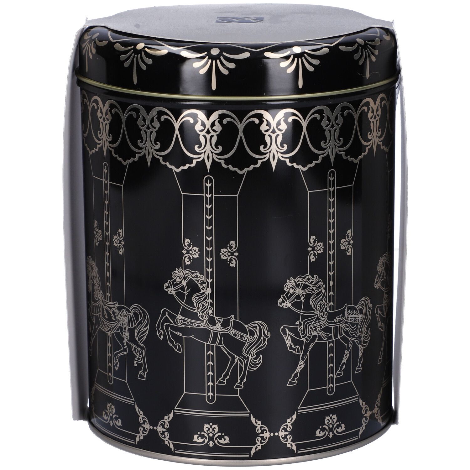 Barattolo nero con design carosello argentato. Coperchio e confezione.