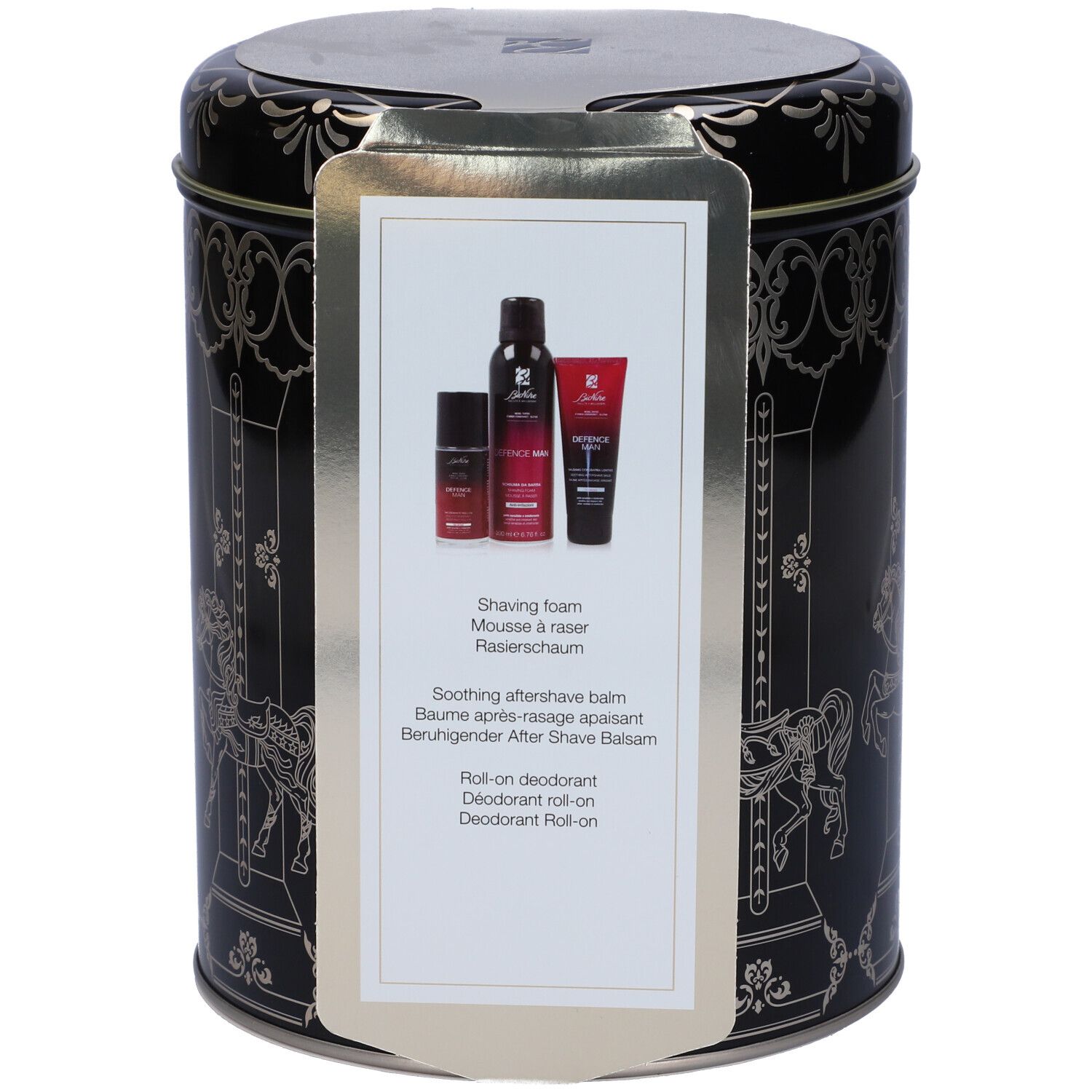 Barattolo nero con design carosello argentato. Etichetta con tre prodotti: schiuma da barba, dopobarba, deodorante.