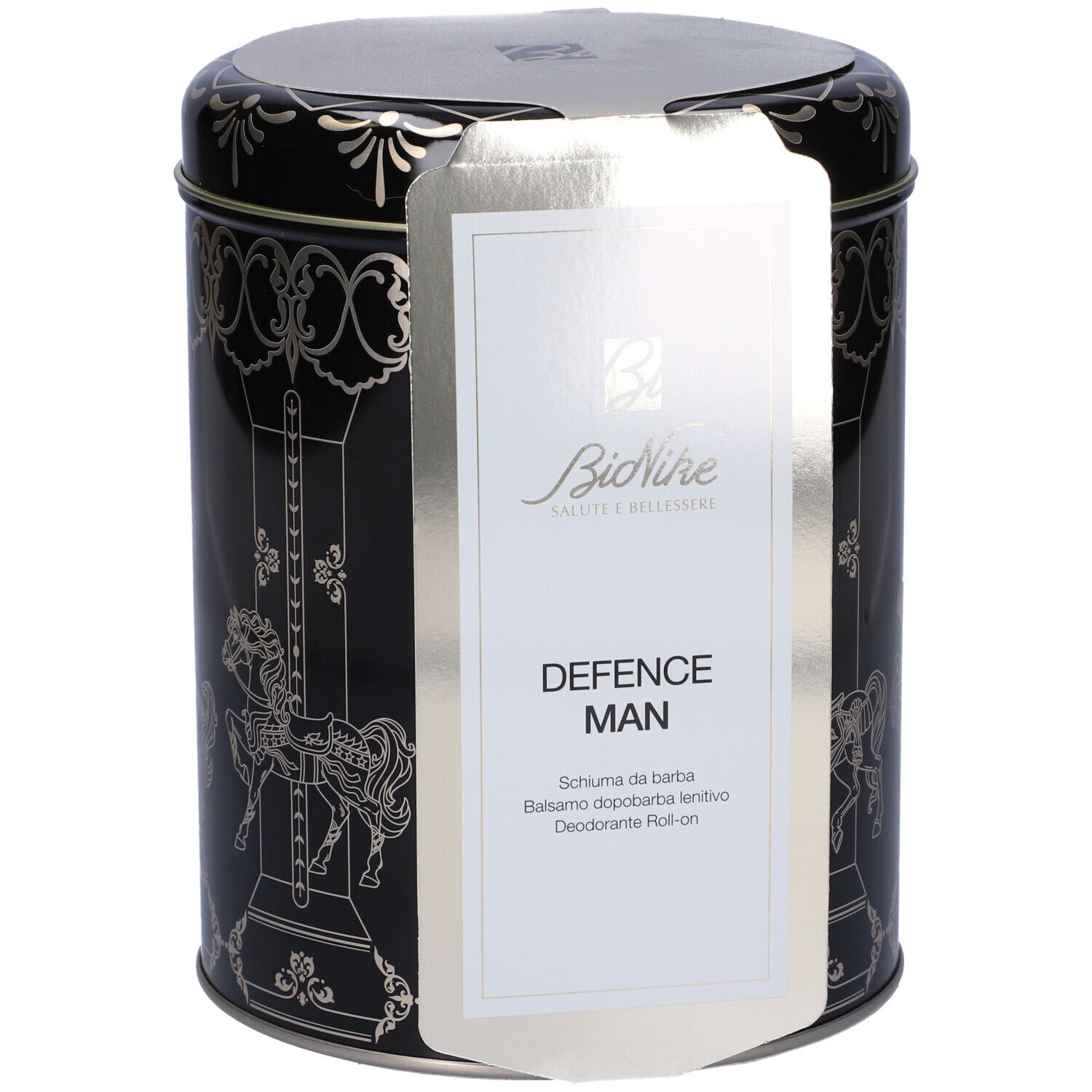 Barattolo nero con design carosello argentato. Etichetta "BioNike Defence Man".