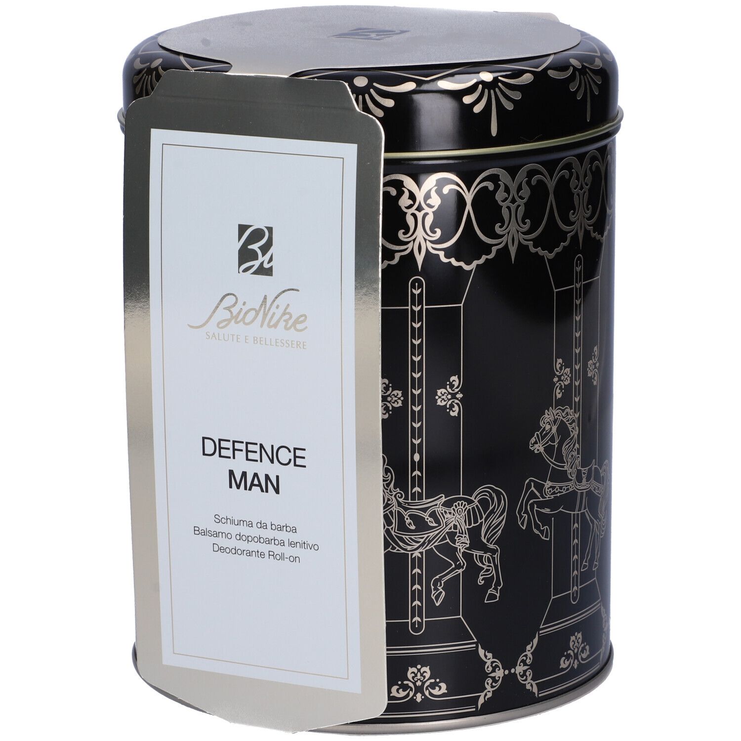 Barattolo nero con design carosello argentato. Etichetta "BioNike Defence Man".