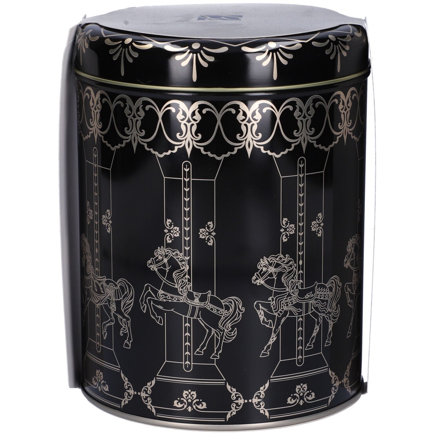 Barattolo nero con design carosello argentato. Coperchio e confezione.