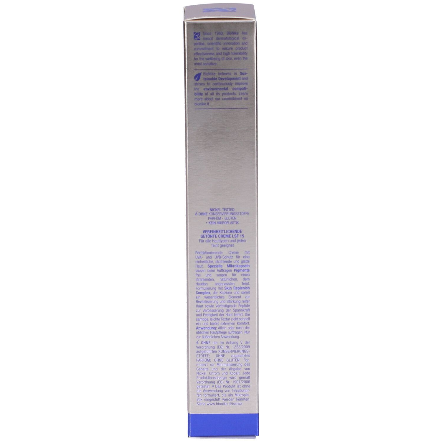 Schachtel, Seite mit Text. Aufschrift: Bionike, Creme Uniformante, SPF15. Silberne und blaue Farben.