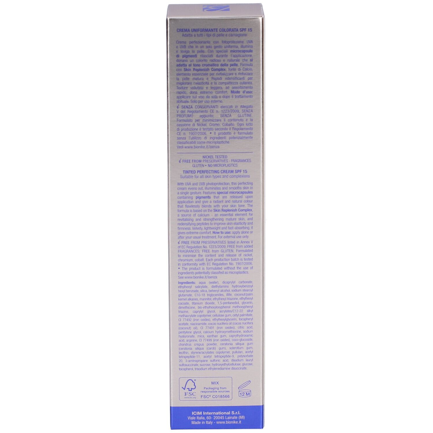 Schachtel, Seite mit Text. Aufschrift: Bionike, Creme Uniformante, SPF15. Silberne und blaue Farben.