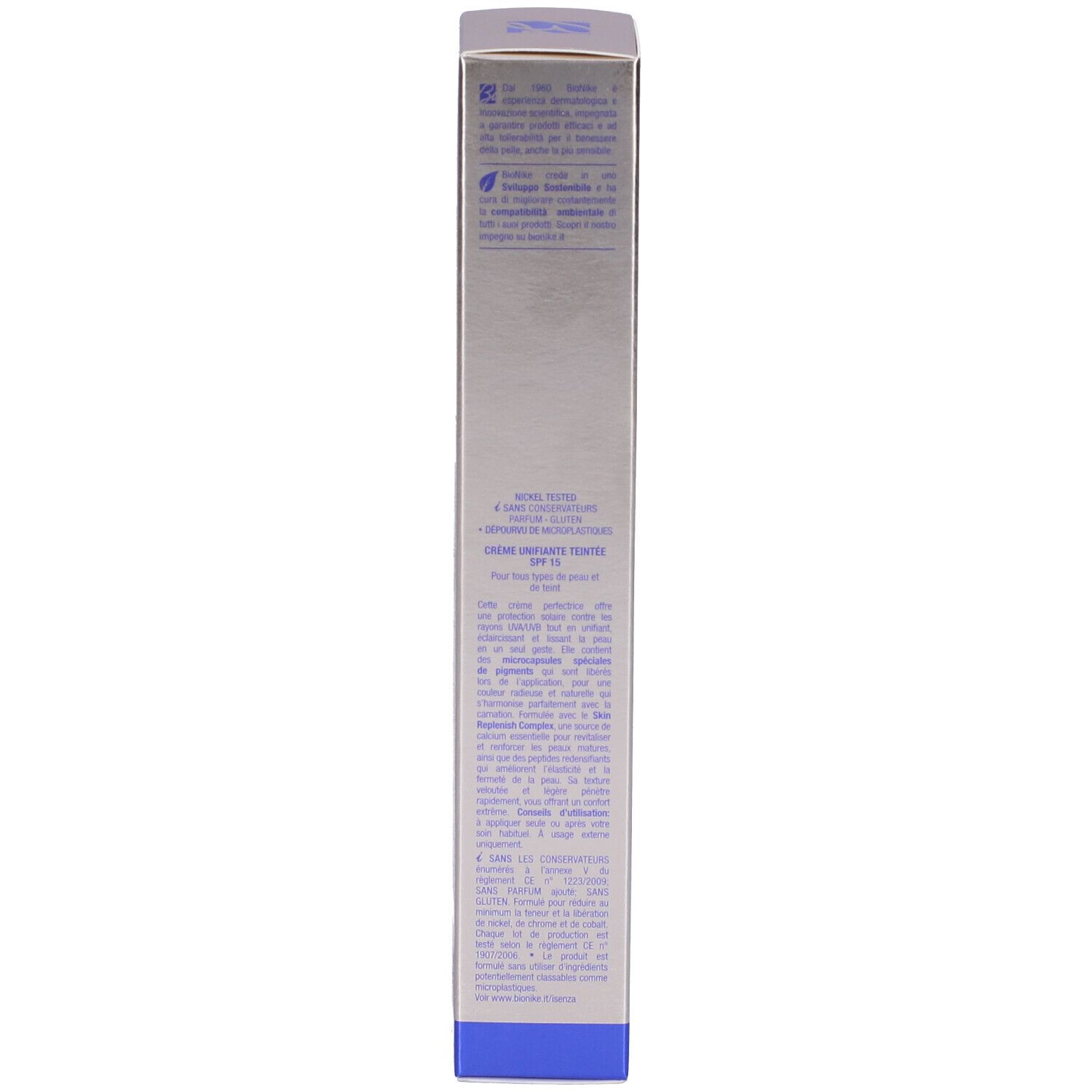 Schachtel, Seite mit Text. Aufschrift: Bionike, Creme Uniformante, SPF15. Silberne und blaue Farben.