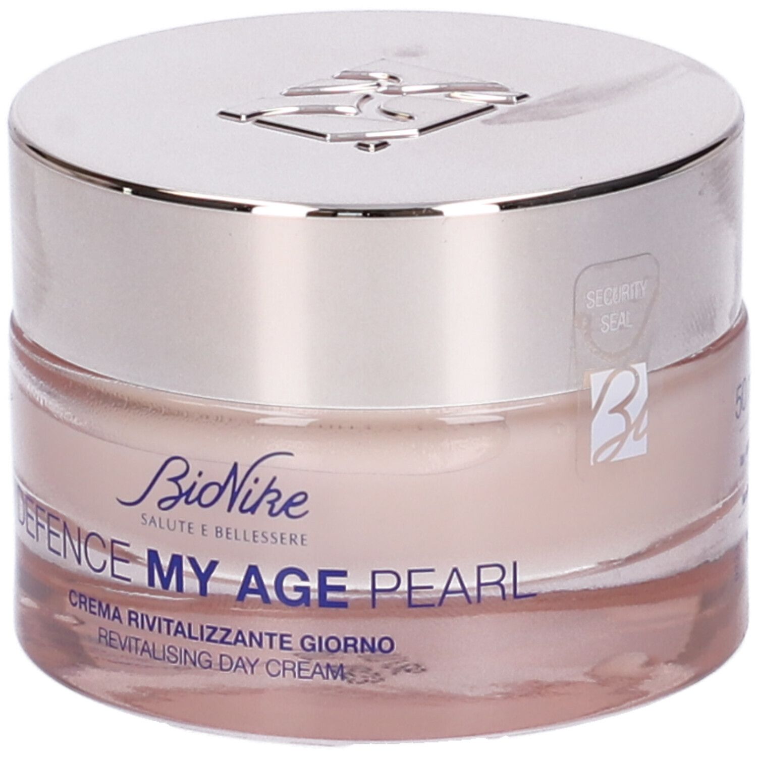 Creme-Tiegel mit silbernem Deckel. Aufschrift: Bionike, Defence My Age Pearl, Crema Rivitalizzante Giorno, Revitalising Day Cream.