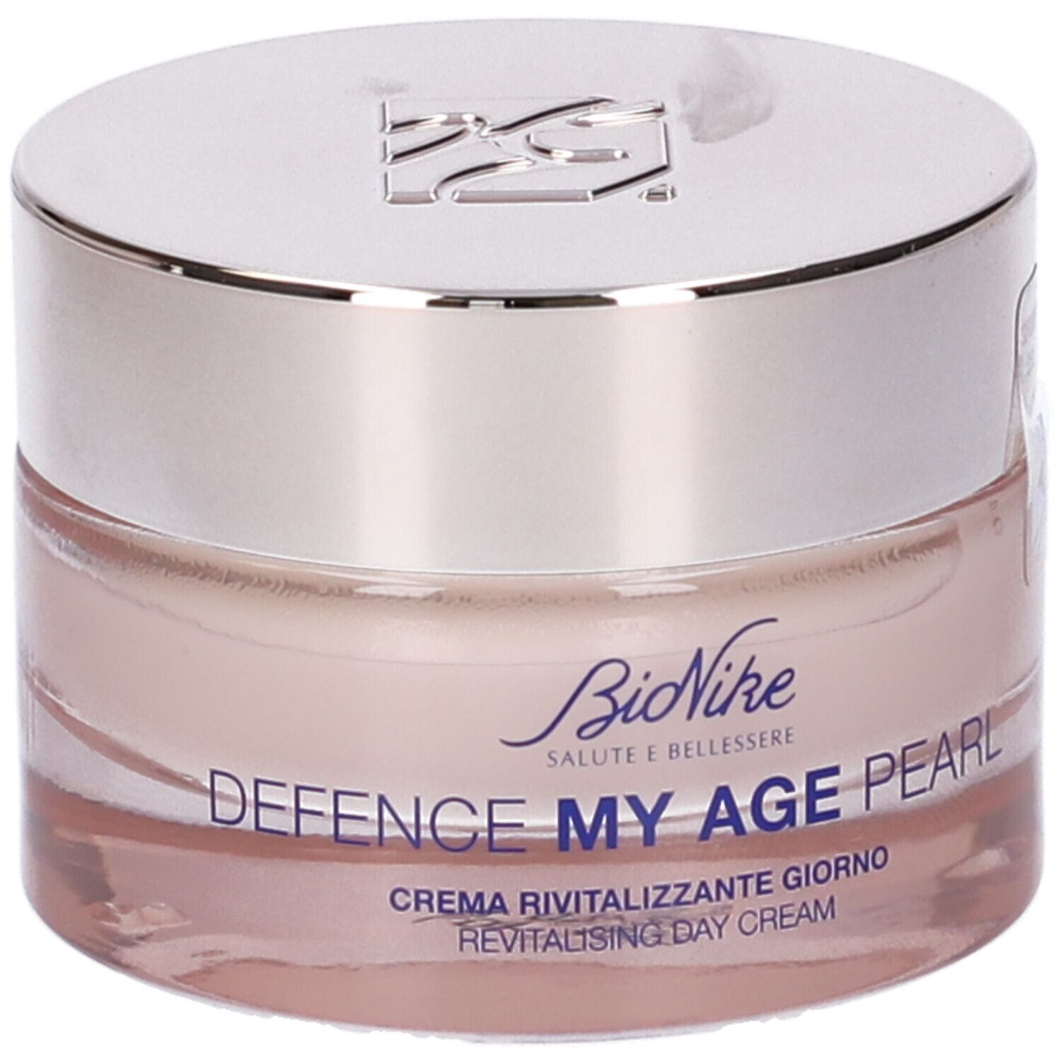Creme-Tiegel mit silbernem Deckel. Aufschrift: Bionike, Defence My Age Pearl, Crema Rivitalizzante Giorno, Revitalising Day Cream.