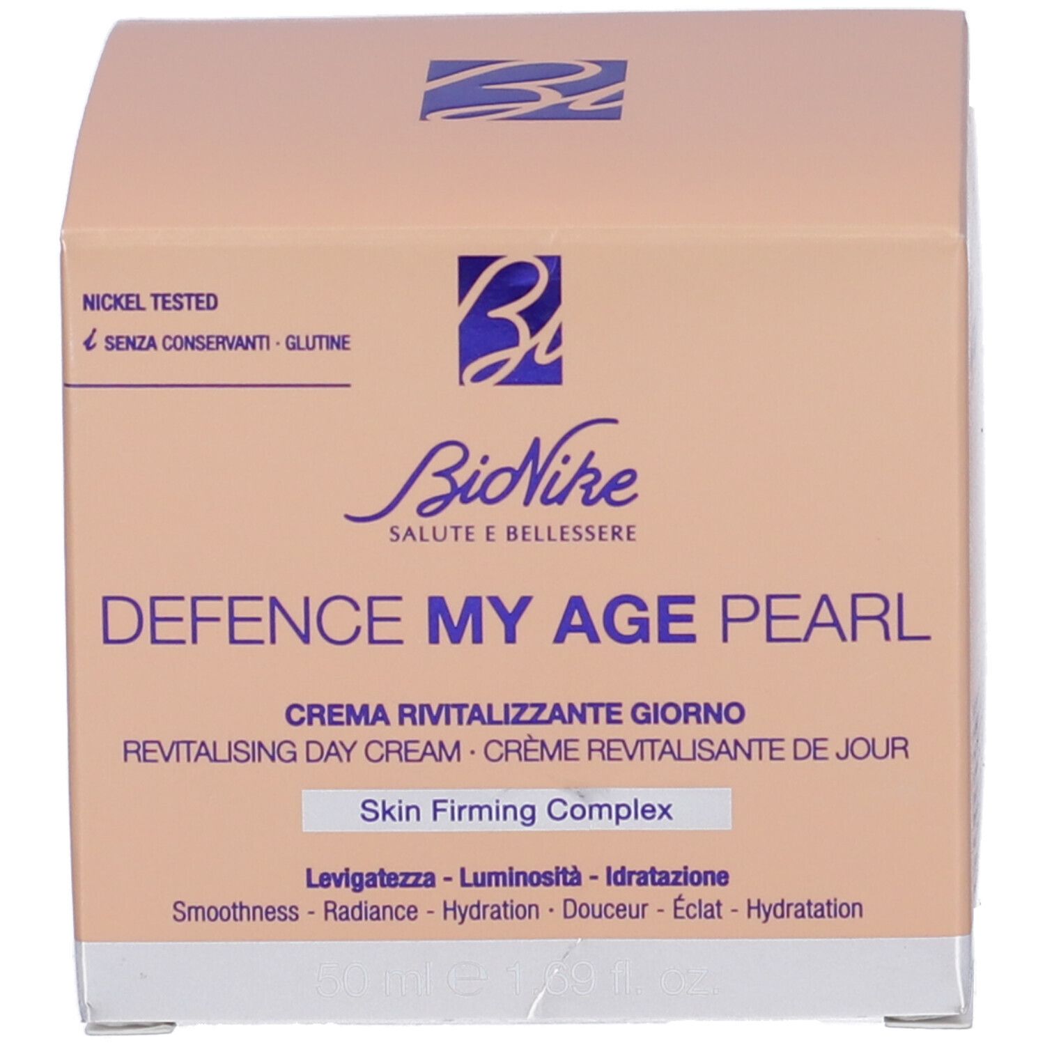 Produktverpackung. Aufschrift: Bionike, Defence My Age Pearl, Crema Rivitalizzante Giorno, Revitalising Day Cream, Skin Firming Complex.