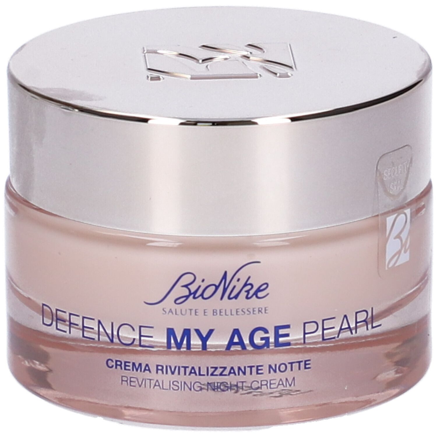 Creme-Glas mit silbernem Deckel. Aufschrift: Bionike, Defence My Age Pearl, Creme Rivitalizzante Notte. Siegel.